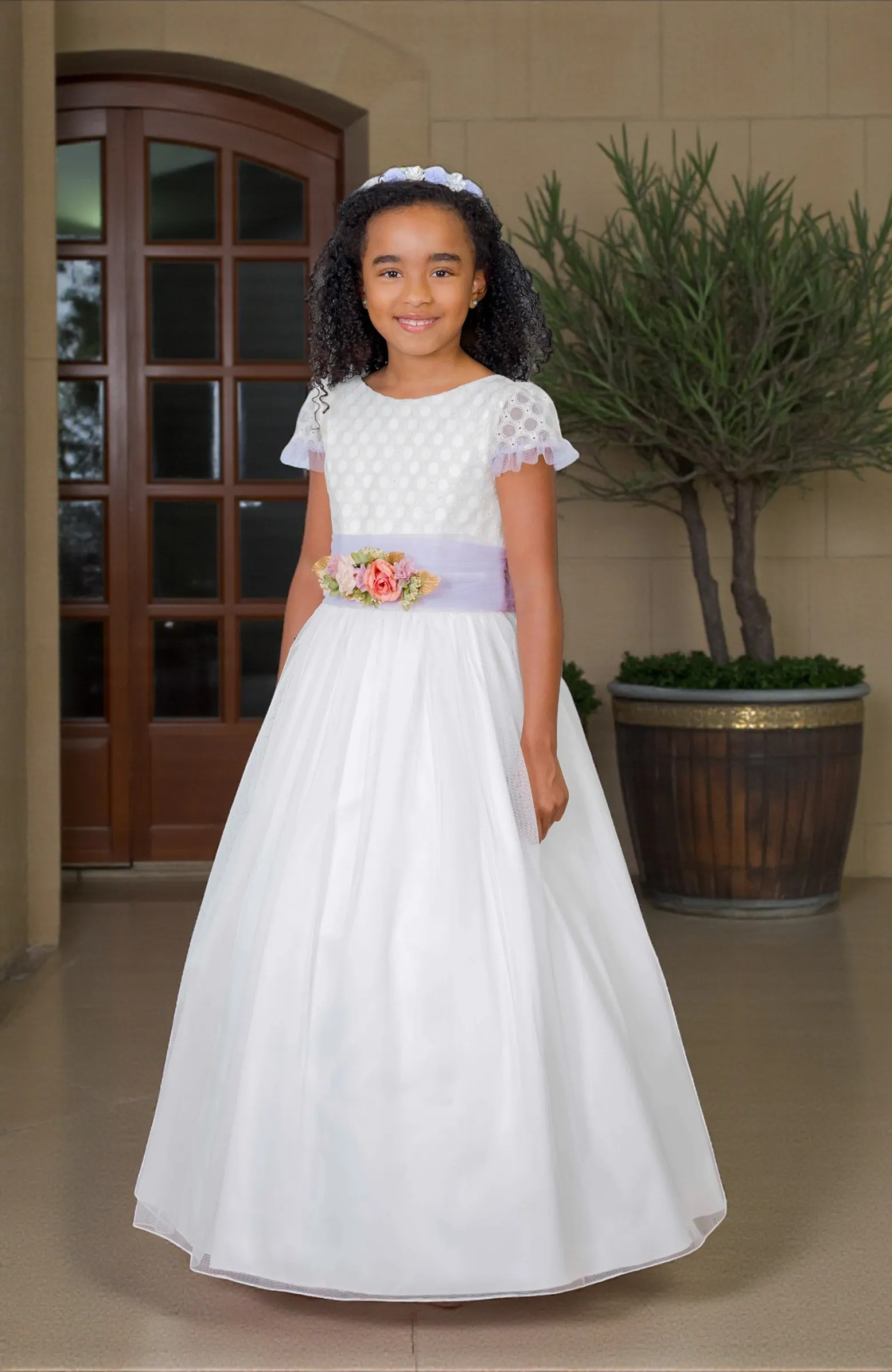 Vestido Comunión niña con fajín lila Camila