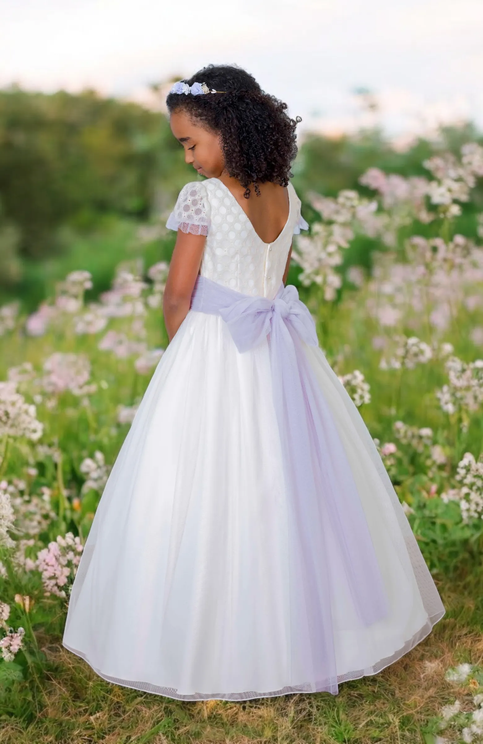 Vestido Comunión niña con fajín lila Camila