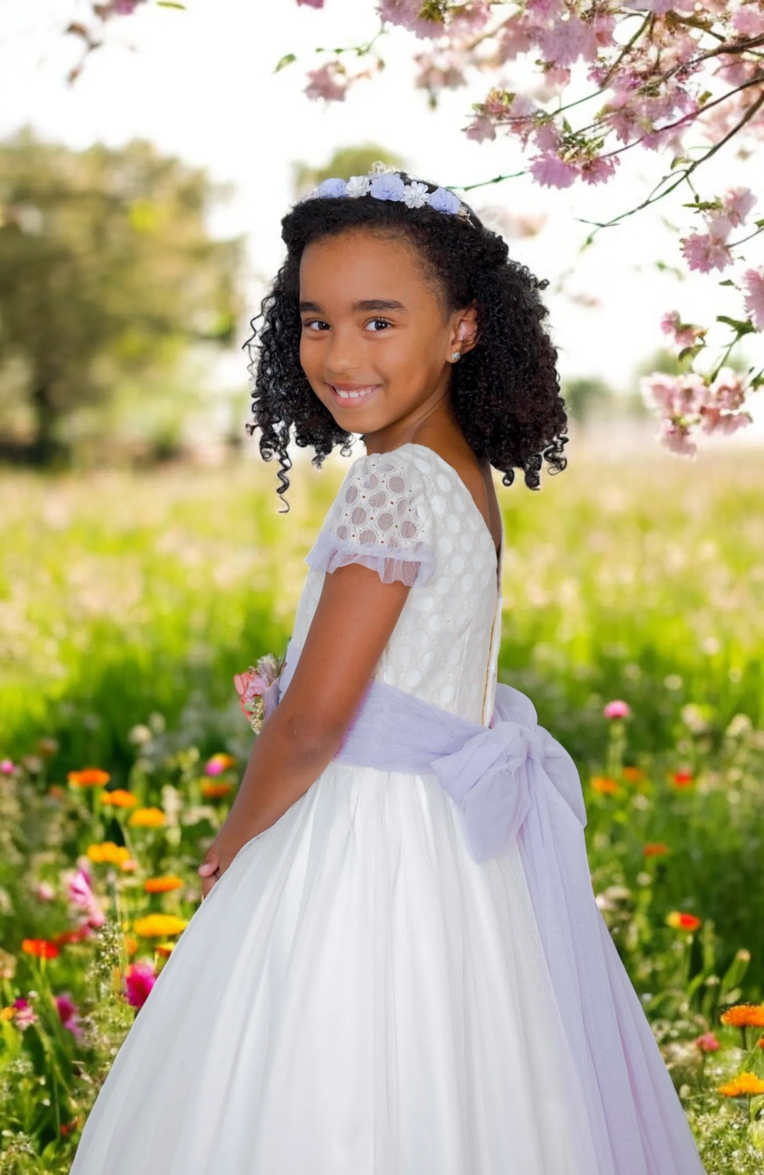 Vestido Comunión niña con fajín lila Camila