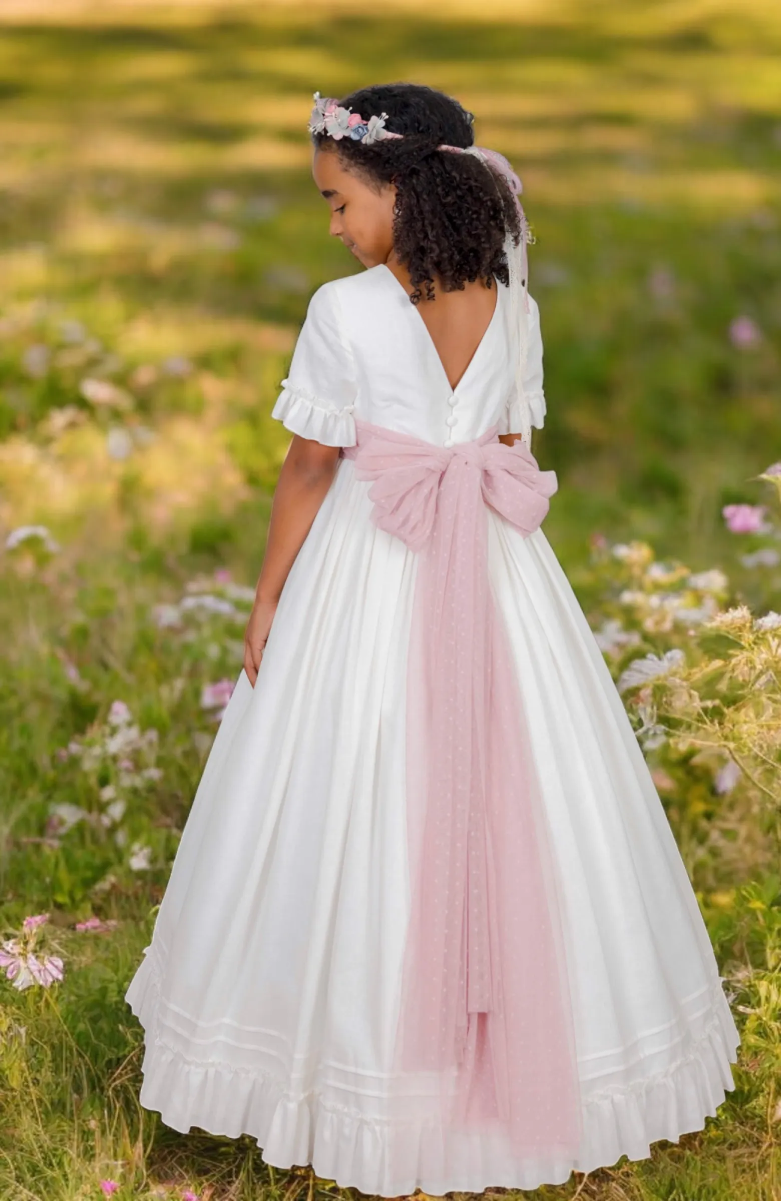 Vestido Comunión niña lino fajín rosa Corina