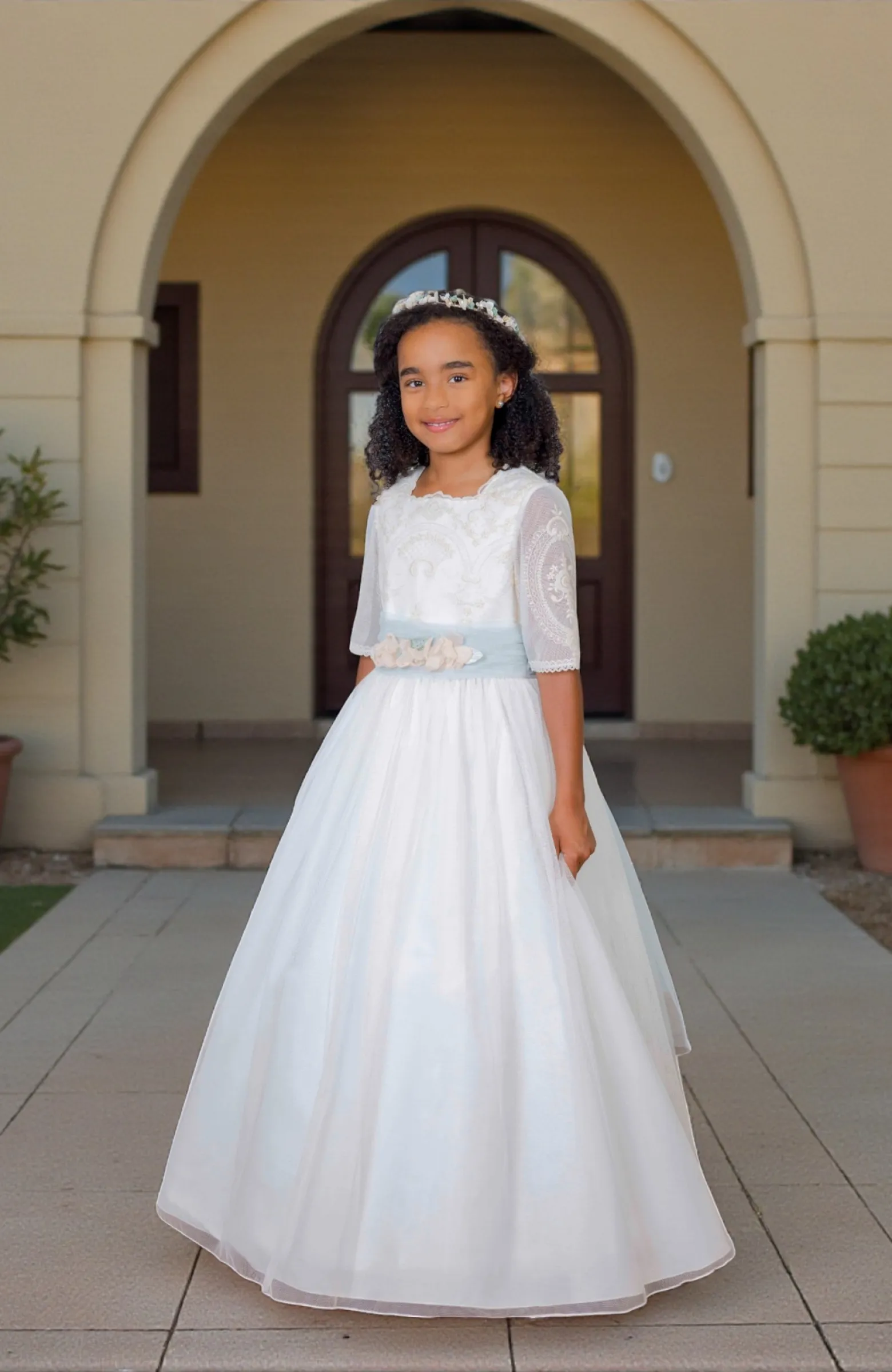 Vestido Comunión bordado fajin verde Clara