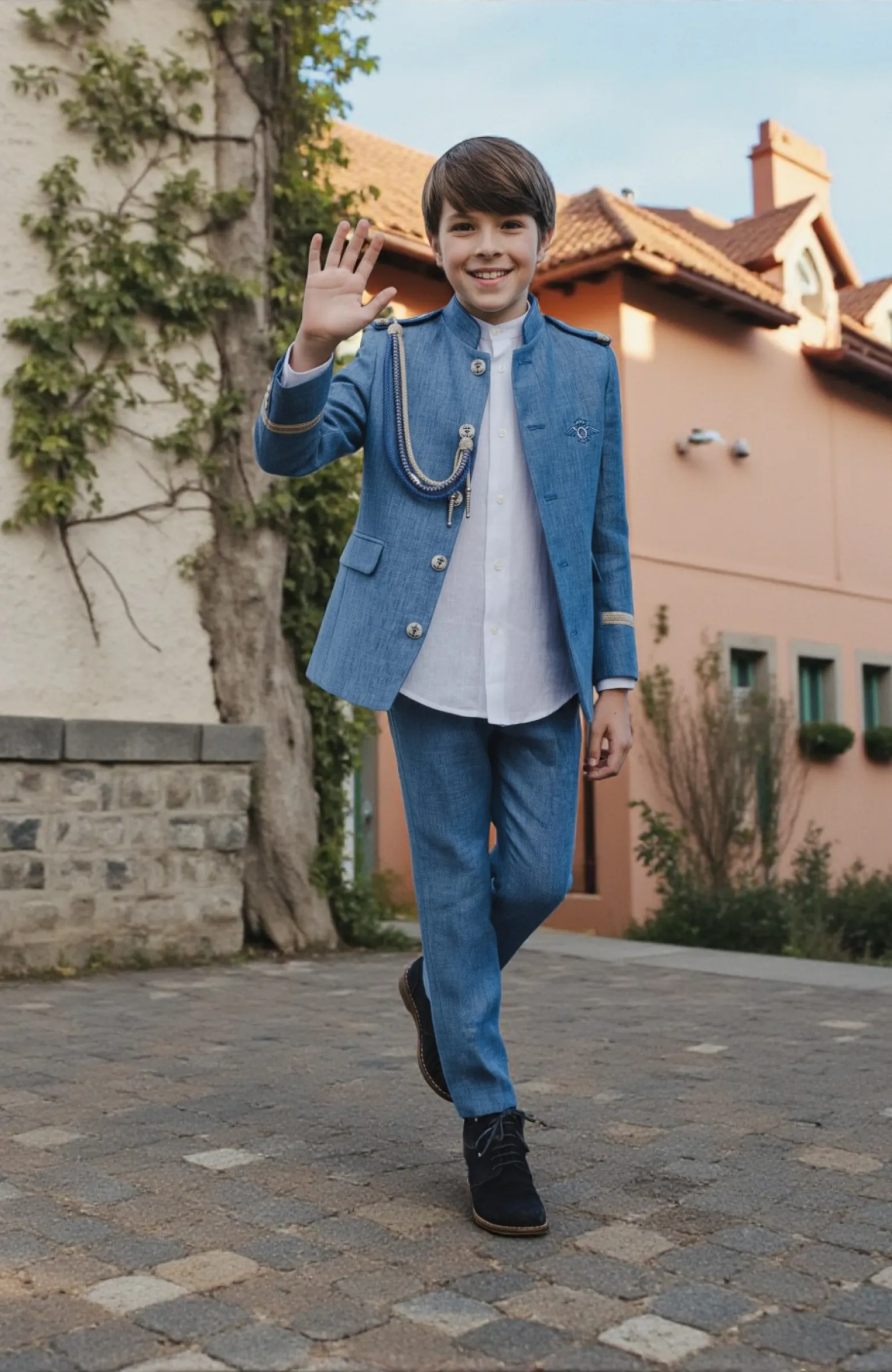 Para su gran día Traje de Comunión Almirante lino azul cuello mao