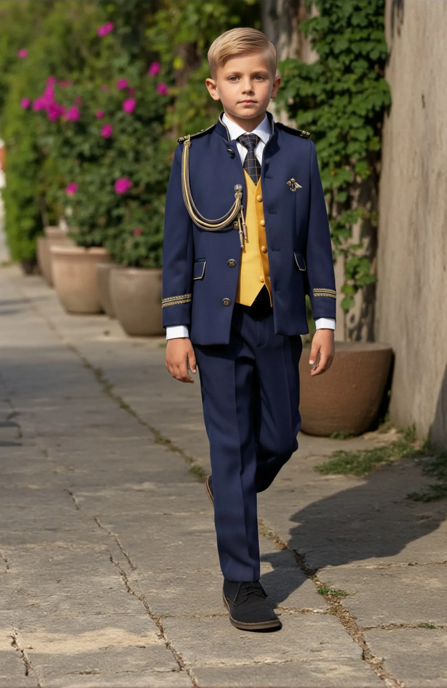 Su primera gran elegancia Traje de Comunión de almirante marino con dorado con cuello mao
