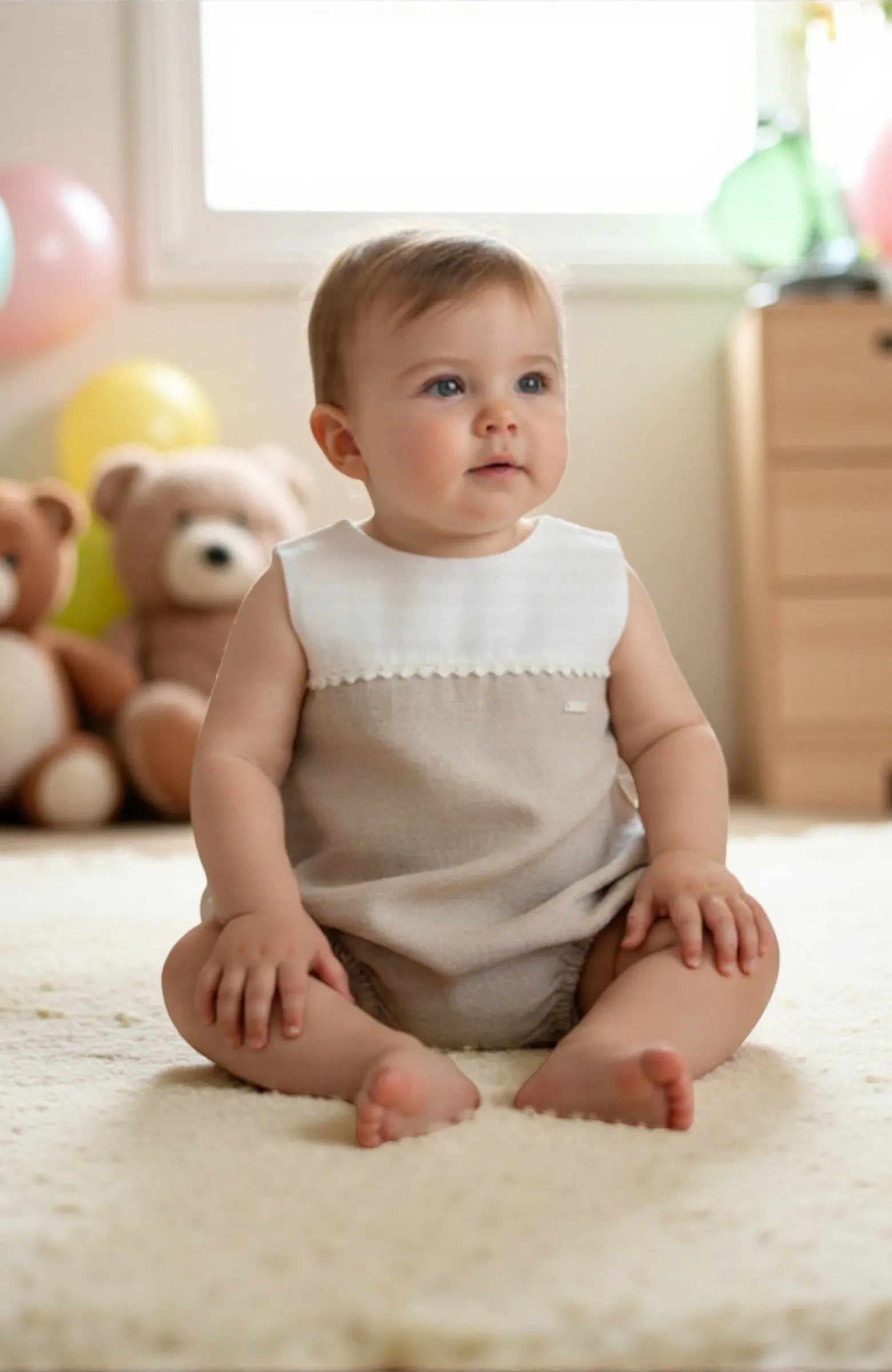 Ranita bebé de lino con capota tostado Toño  Ranita bebé de lino con capota tostado Toño