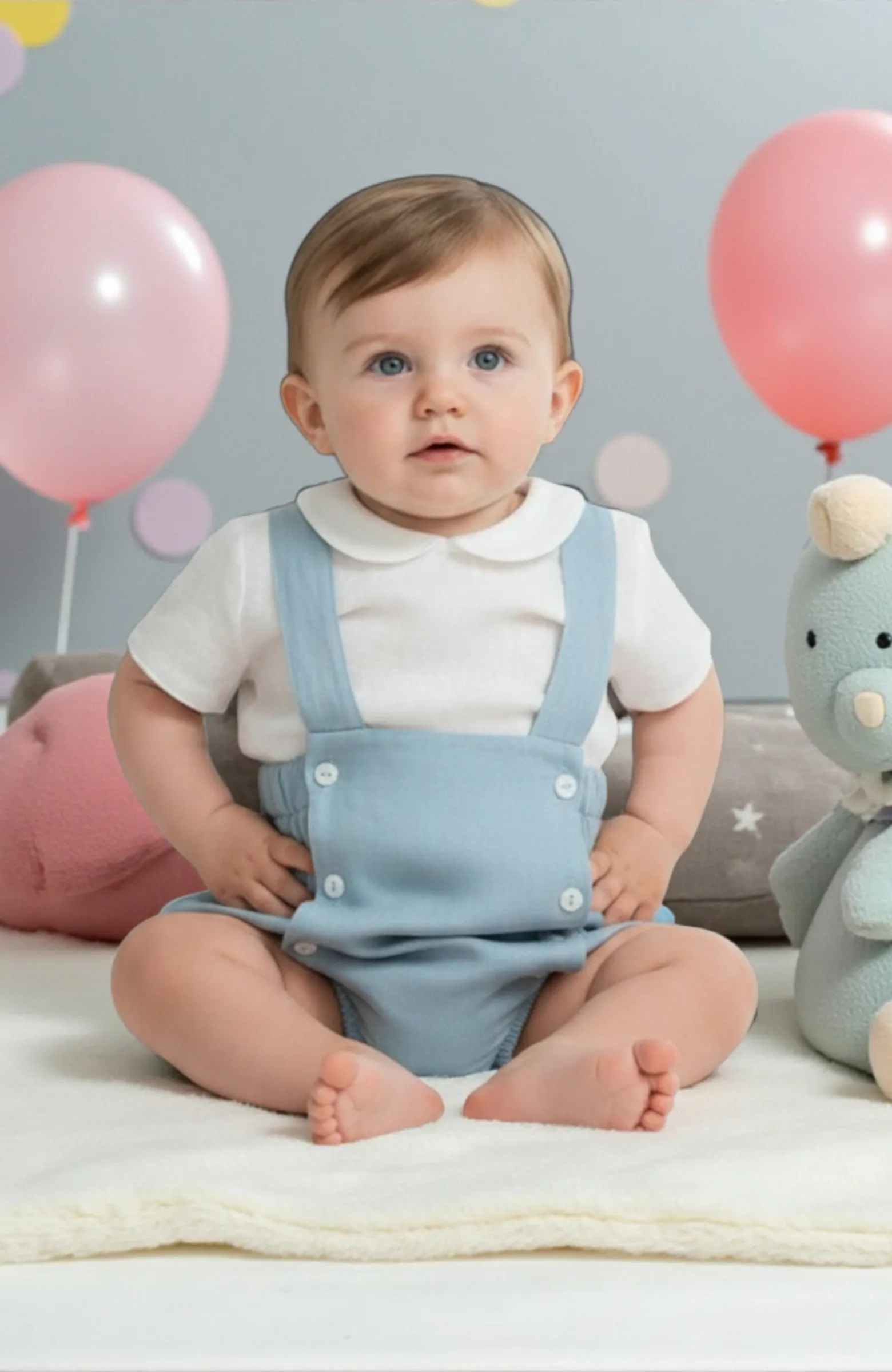 Traje lino niño bebé con tirantes color océano Juanín  Traje lino niño bebé con tirantes color océano Juanín