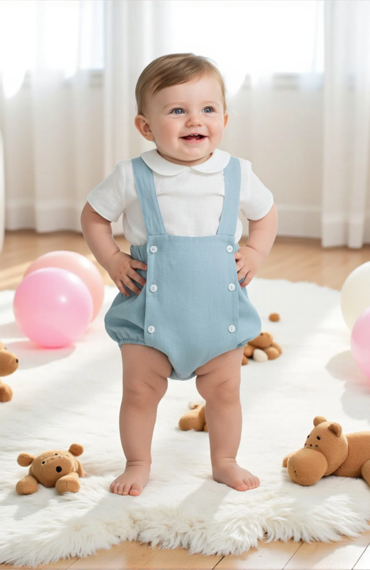 Traje lino niño bebé con tirantes color océano Juanín  Traje lino niño bebé con tirantes color océano Juanín