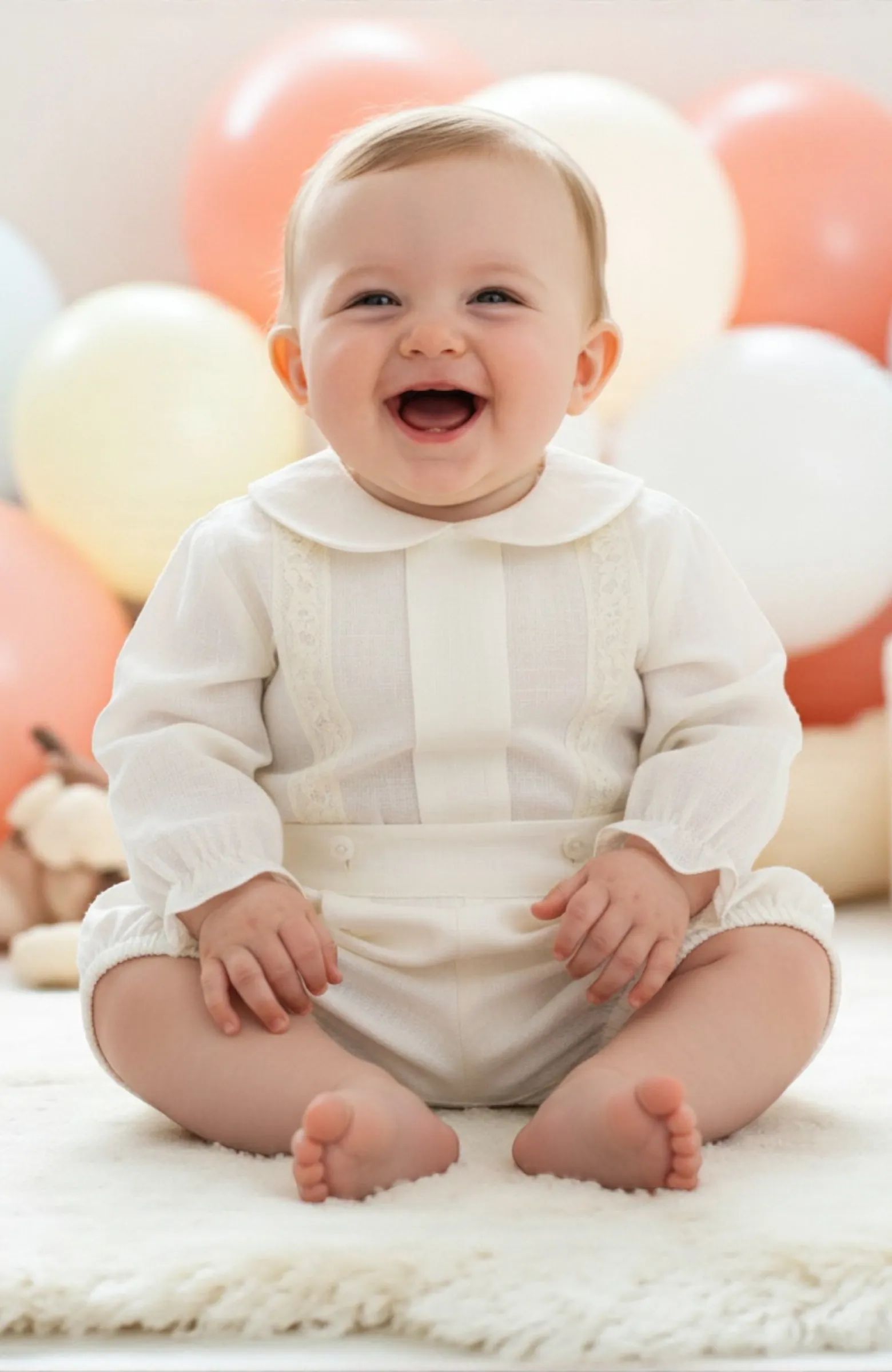 Traje Bautizo niño lino con cuello bebé color crudo de manga larga Nachete Traje Bautizo niño lino con cuello bebé color crudo de manga larga Nachete