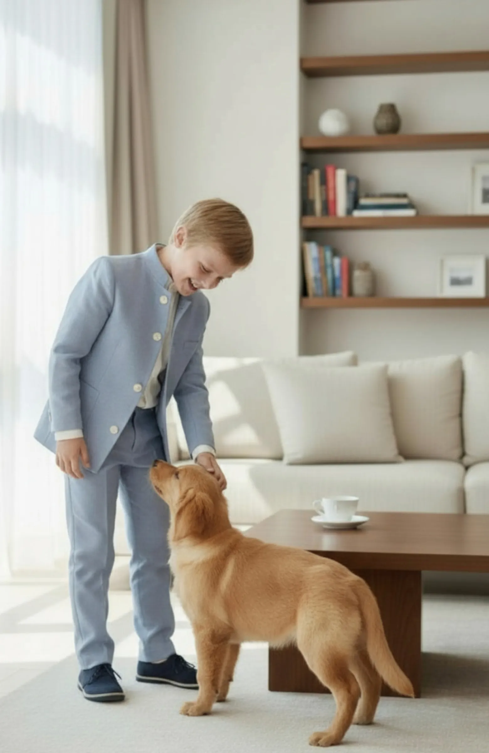 Traje niño lino ceremonia cuello mao azul Lorenzo Traje niño lino ceremonia cuello mao azul Lorenzo