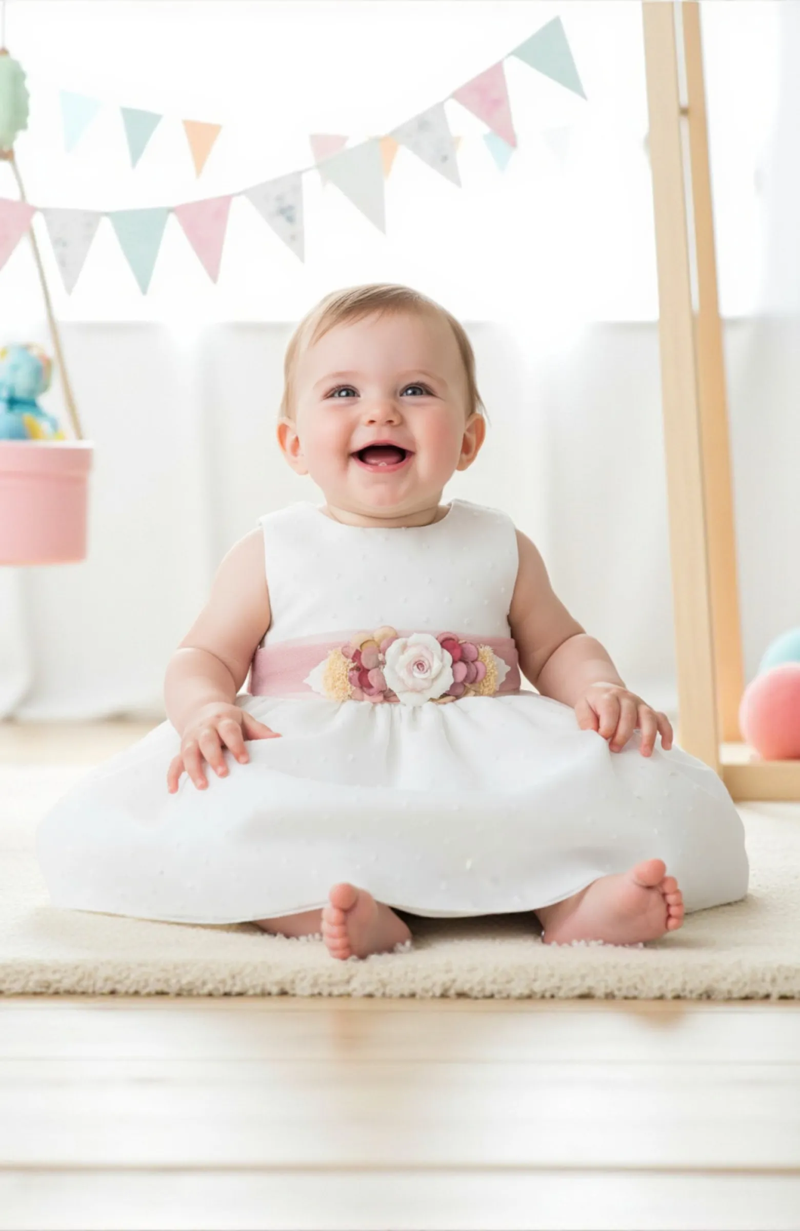 Vestido Ceremonia niña bebé plumeti fajín rosa Anita Vestido Ceremonia niña bebé plumeti fajín rosa Anita