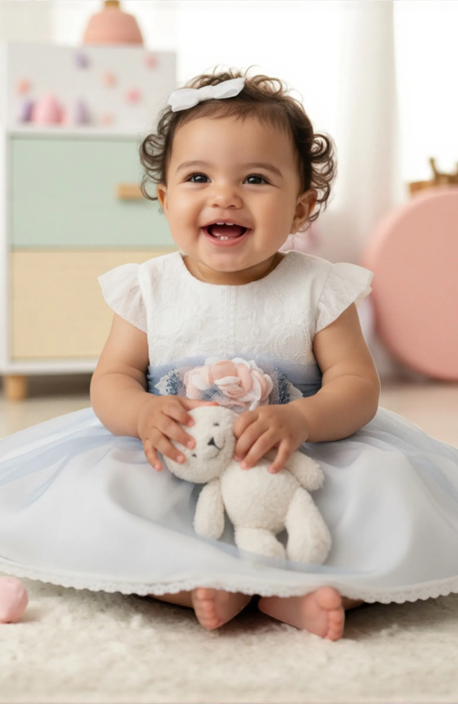 Vestido bebe gasa azul Elenita Vestido de Bautizo y ceremonia gasa azul Elenita