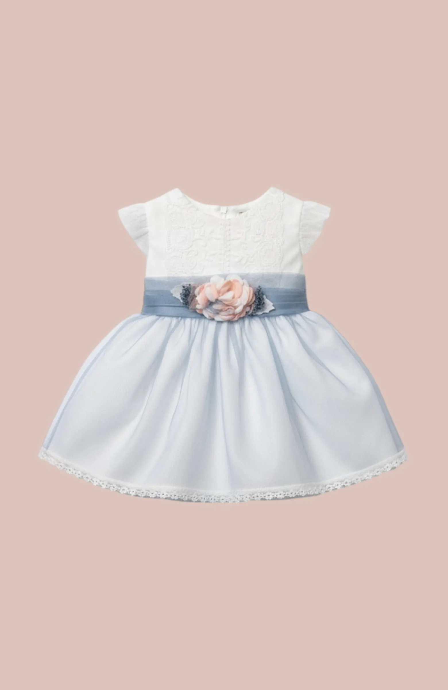 Vestido bebe gasa azul Elenita Vestido de Bautizo y ceremonia gasa azul Elenita