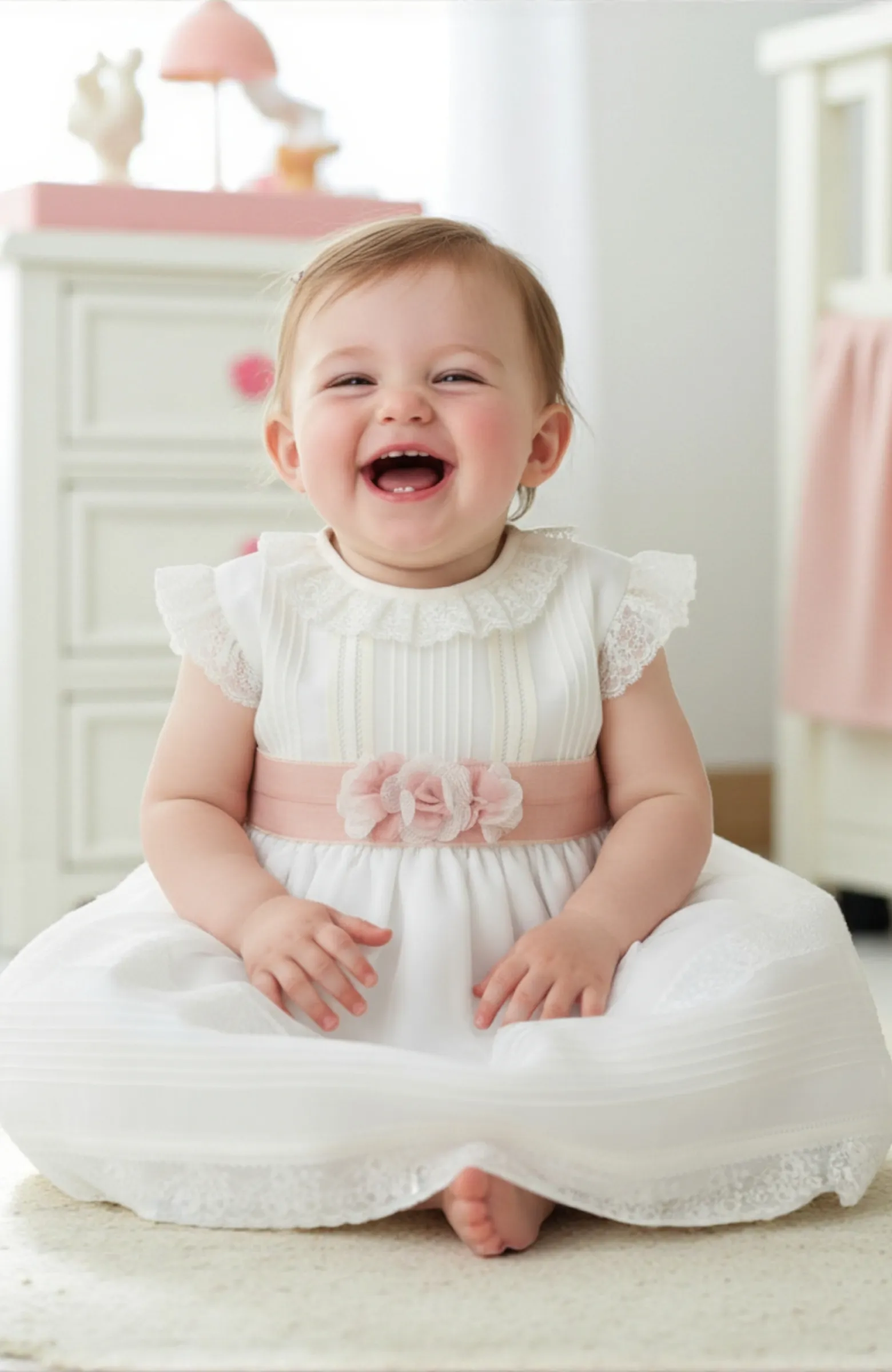 Vestido Bautizo niña bebé con fajín rosa Amaya Vestido Bautizo niña bebé con fajín rosa Amaya