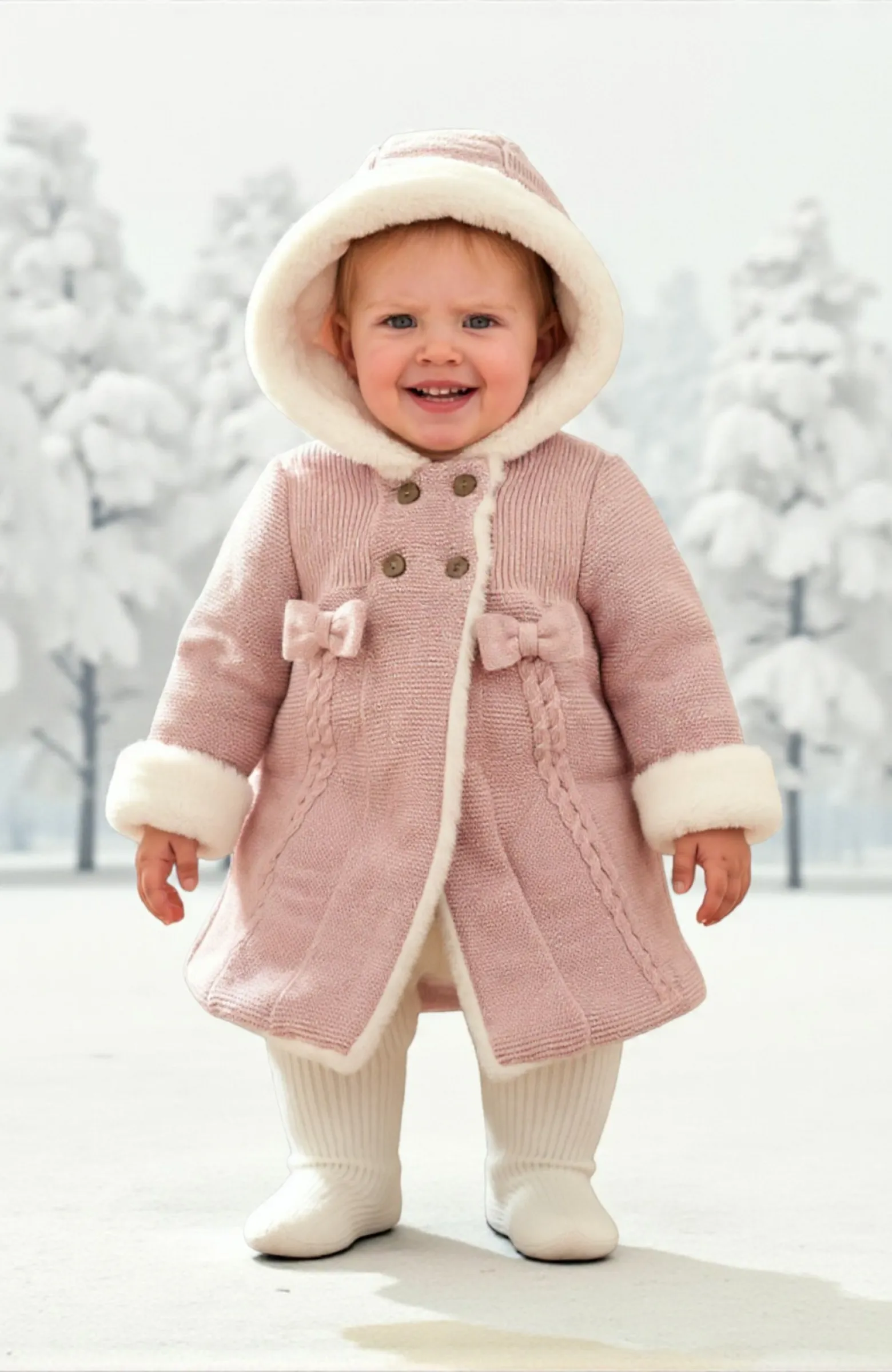 Abrigo bebe punto con capucha  rosa Abrigo bebe punto con capucha  rosa