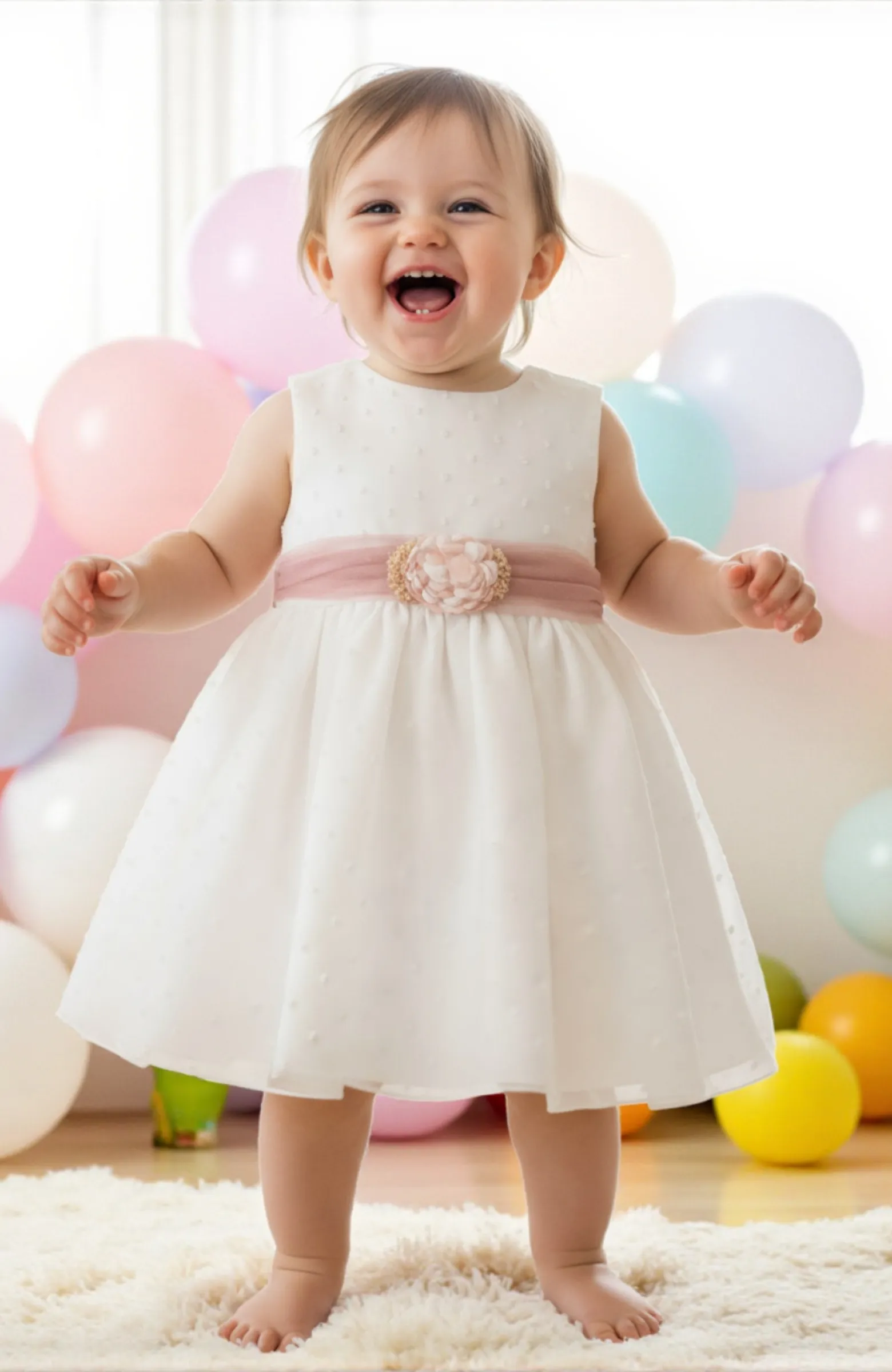 Vestido Ceremonia niña bebé plumeti fajín rosa Anita Vestido Ceremonia niña bebé plumeti fajín rosa Anita