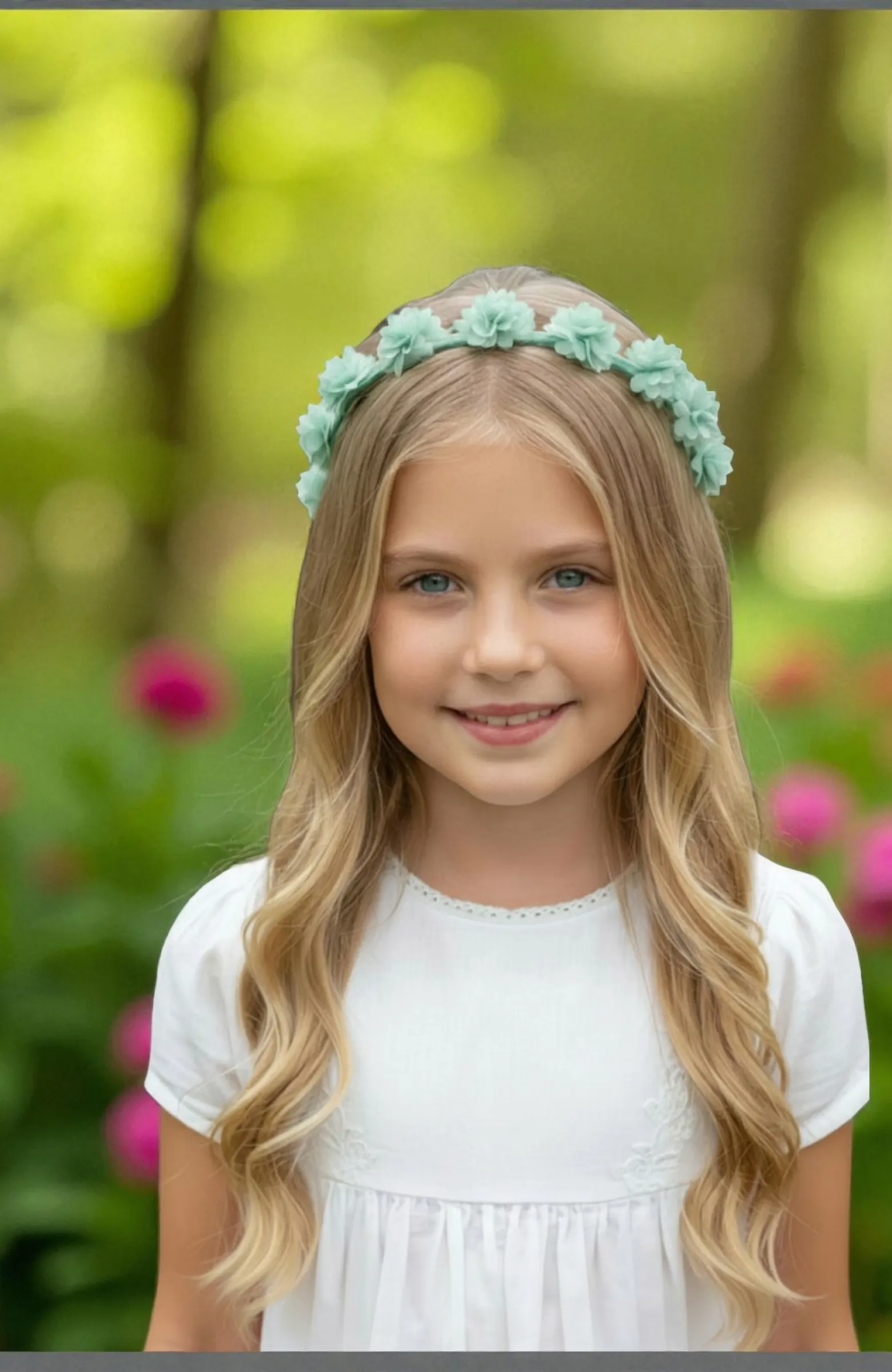 Corona niña ceremonia florecitas verdes