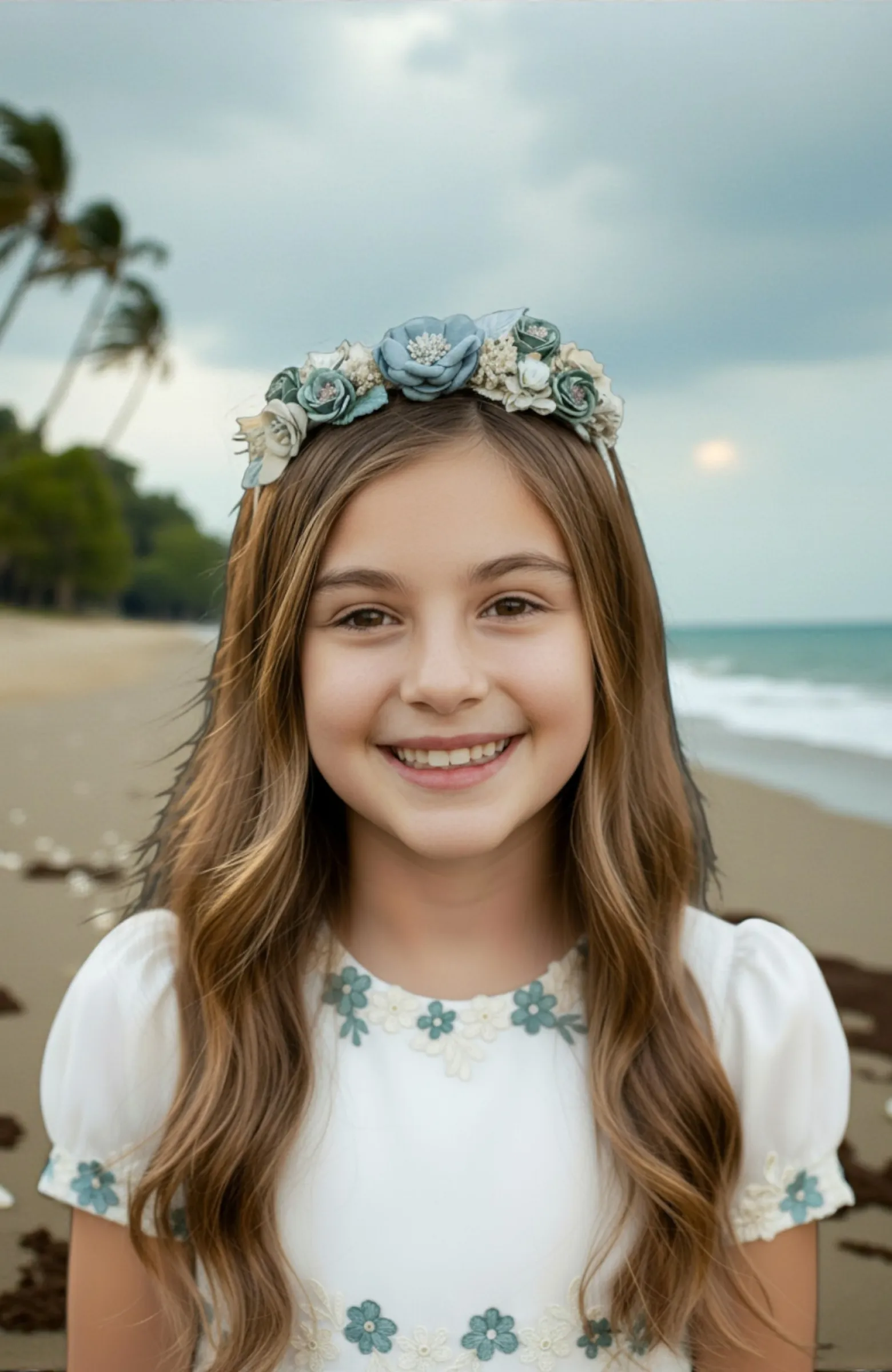 Corona ceremonia niña flores verde 