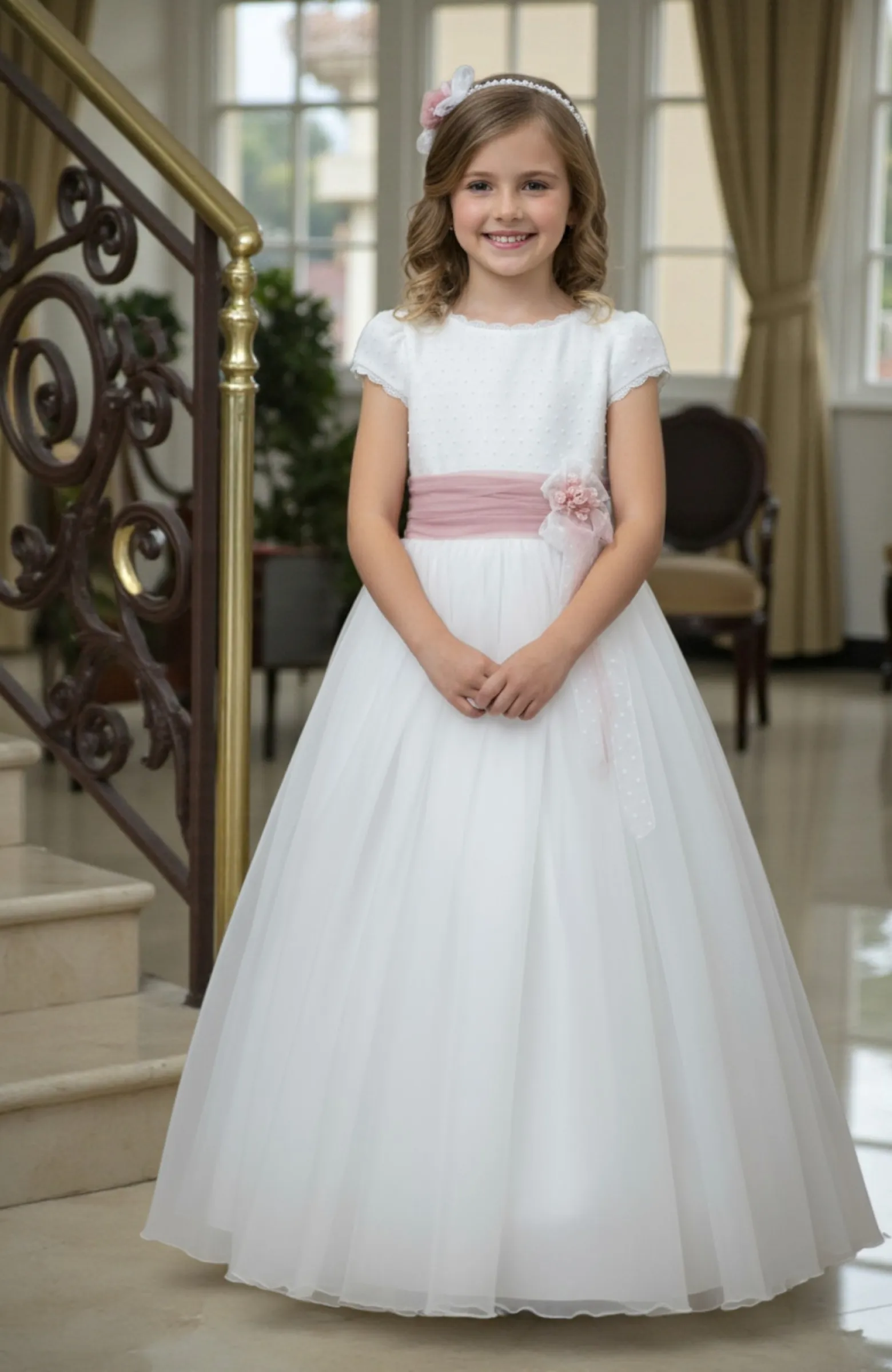 Vestido niña  Comunión fajin rosa 