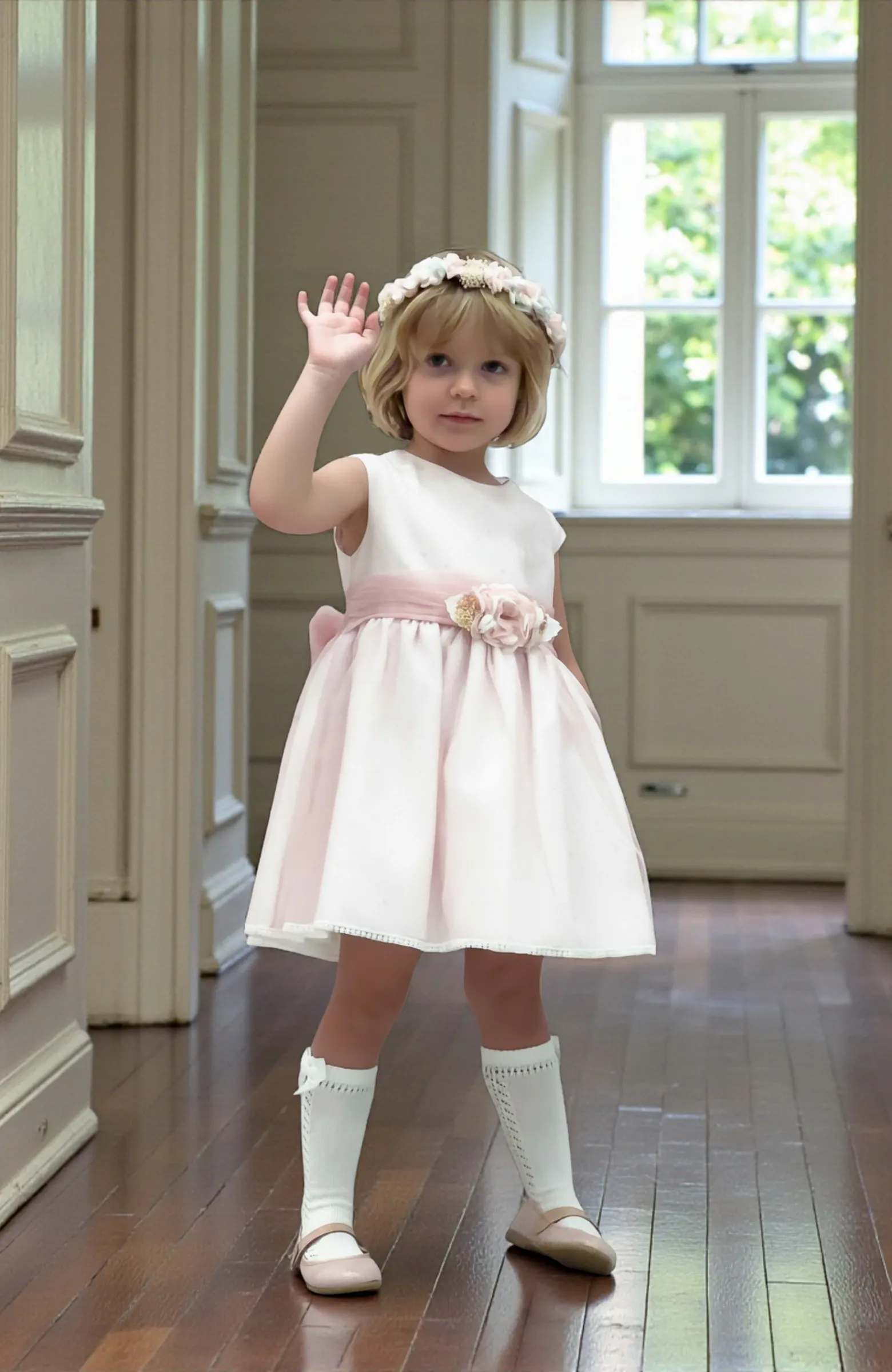 Vestido niña de ceremonia topos rosas Elsa