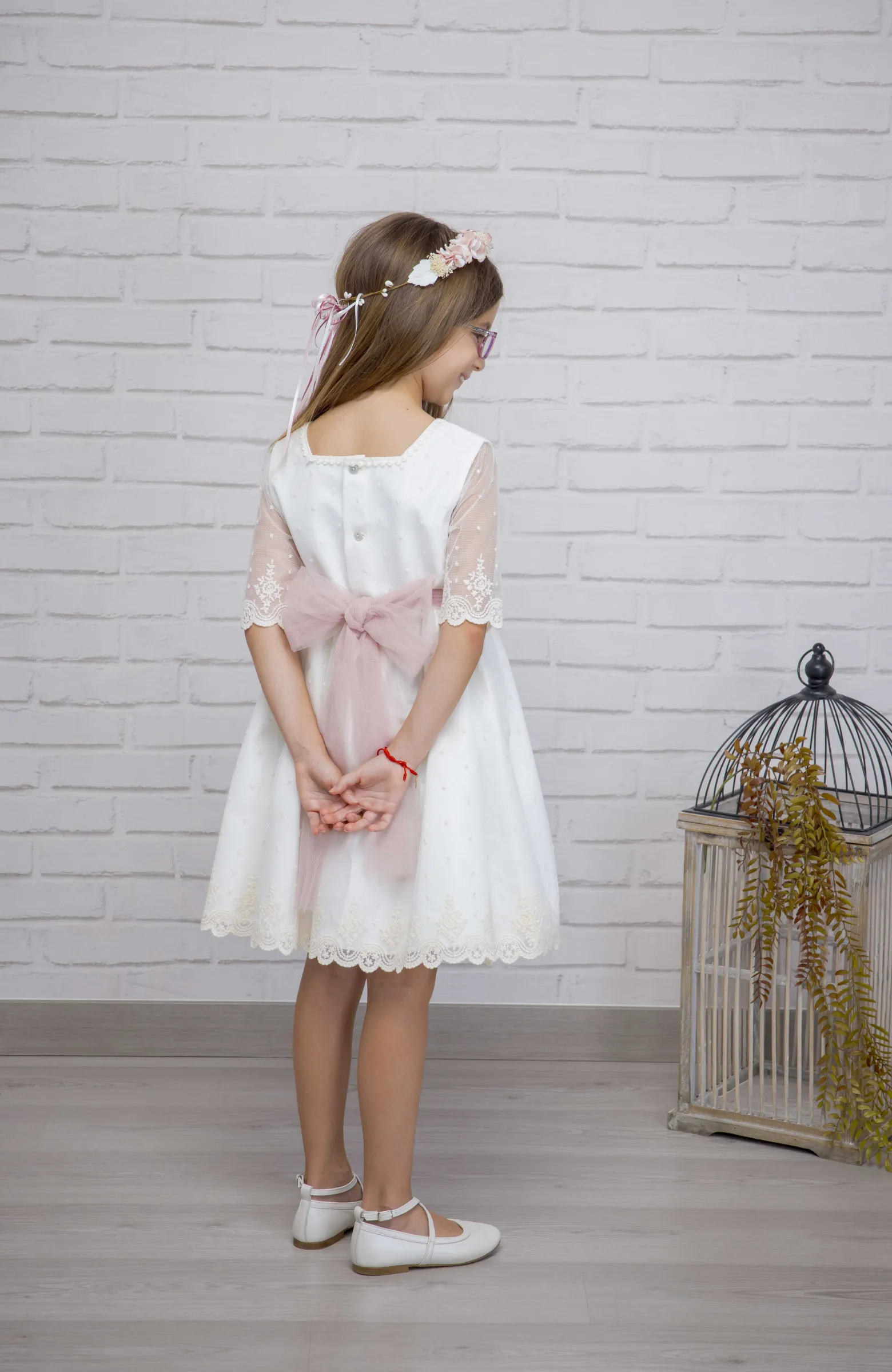 Vestido niña ceremonia con fajín rosa Kiara