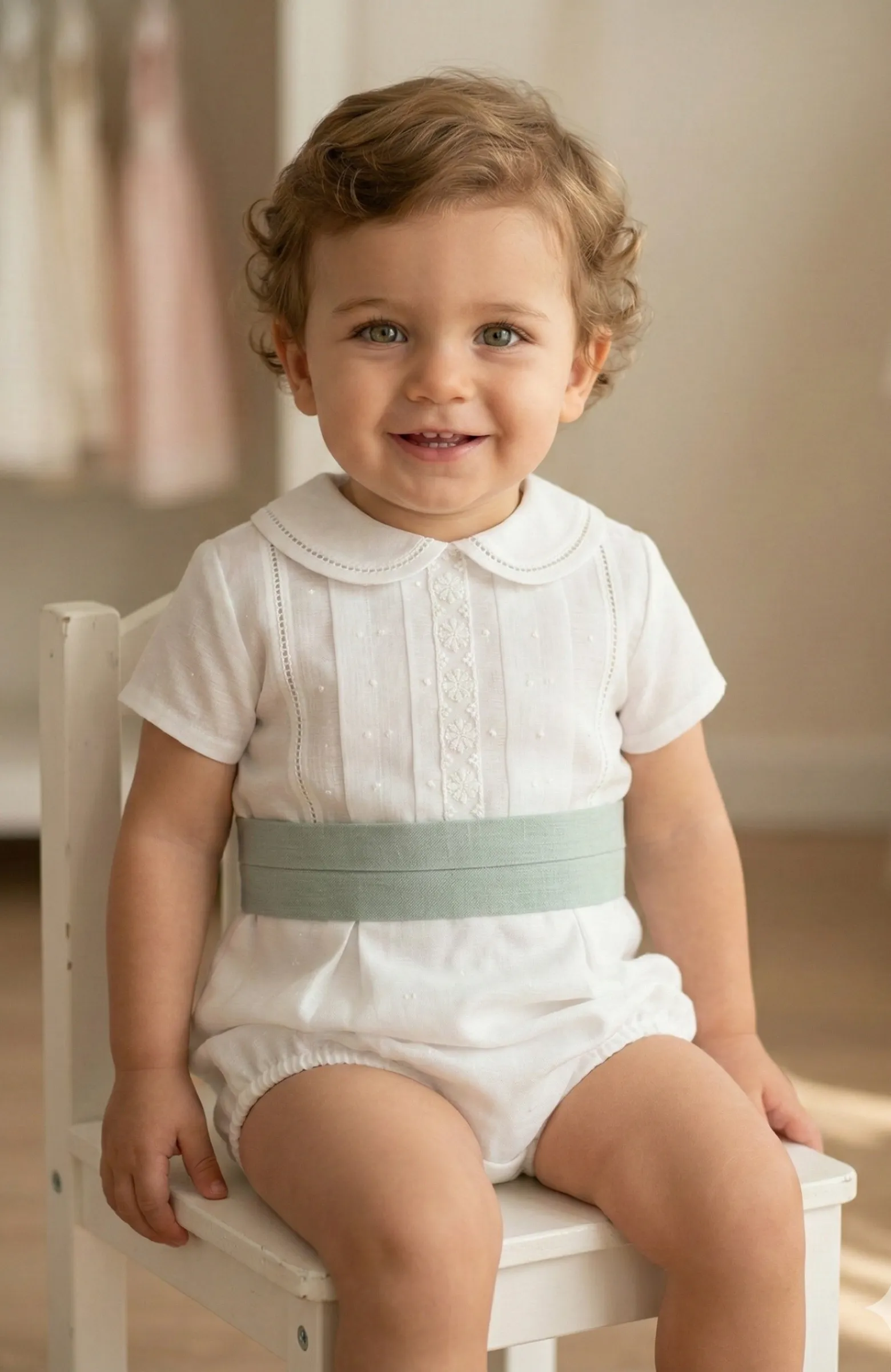 Traje Bautizo fajín verde Villanueva