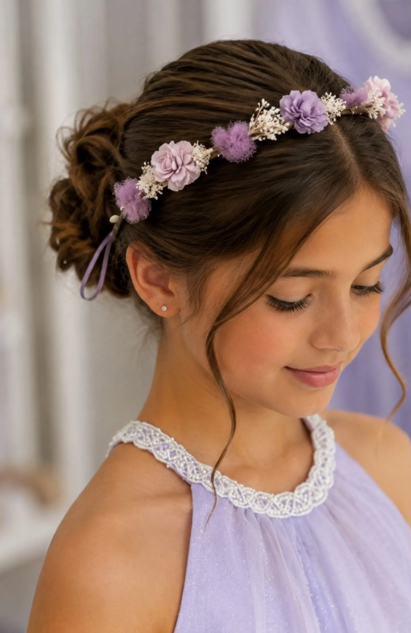 Corona niña flores ceremonia lilas