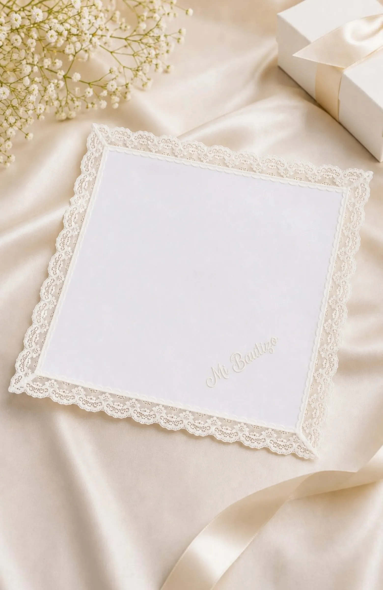 Pañuelo de Bautizo bordado con elegante puntilla Villalpando
