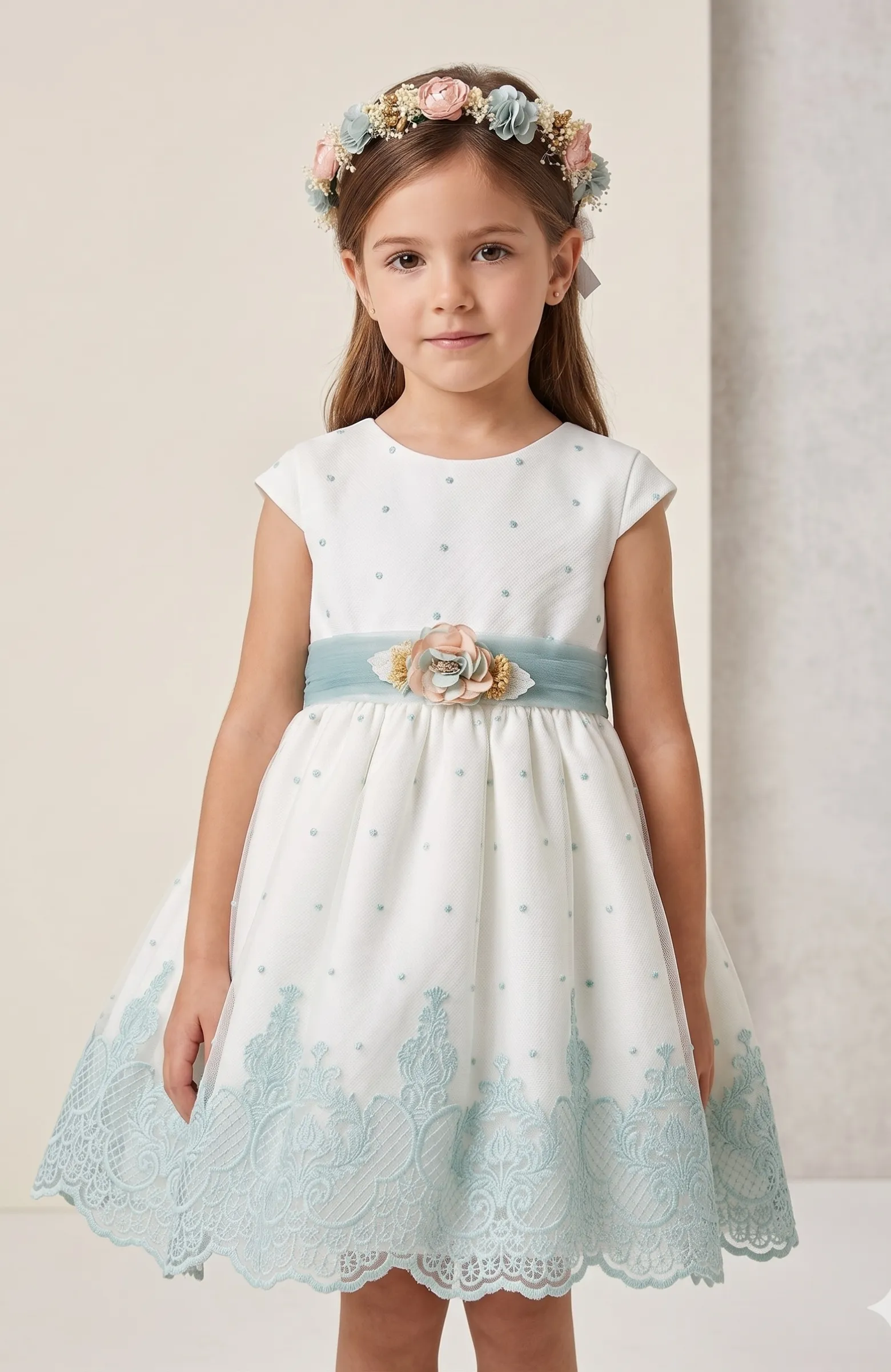 Vestido niña ceremonia bordado fajín verde Inés