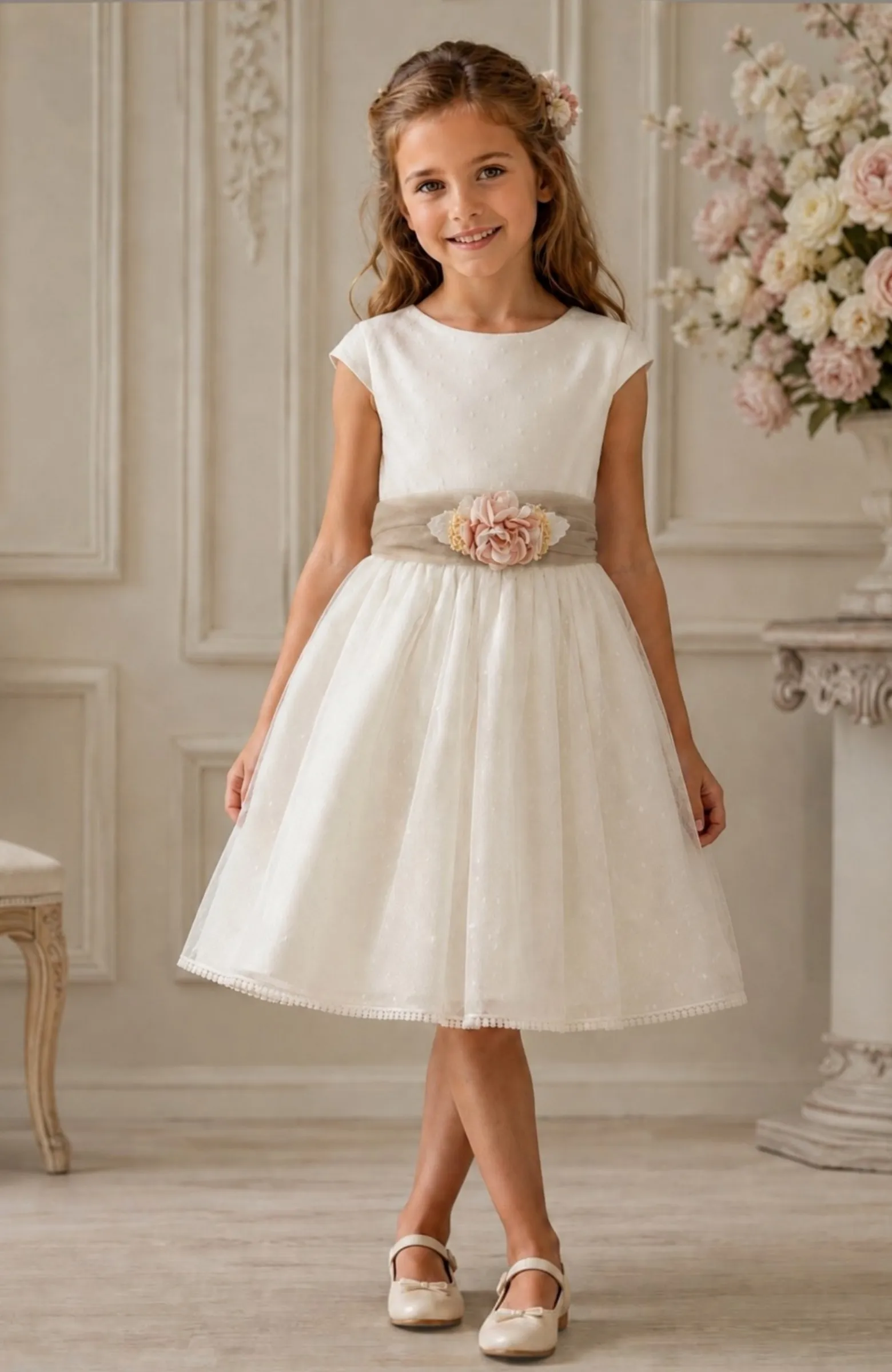 Vestido niña Ceremonia topos crudo fajin camel Elsa