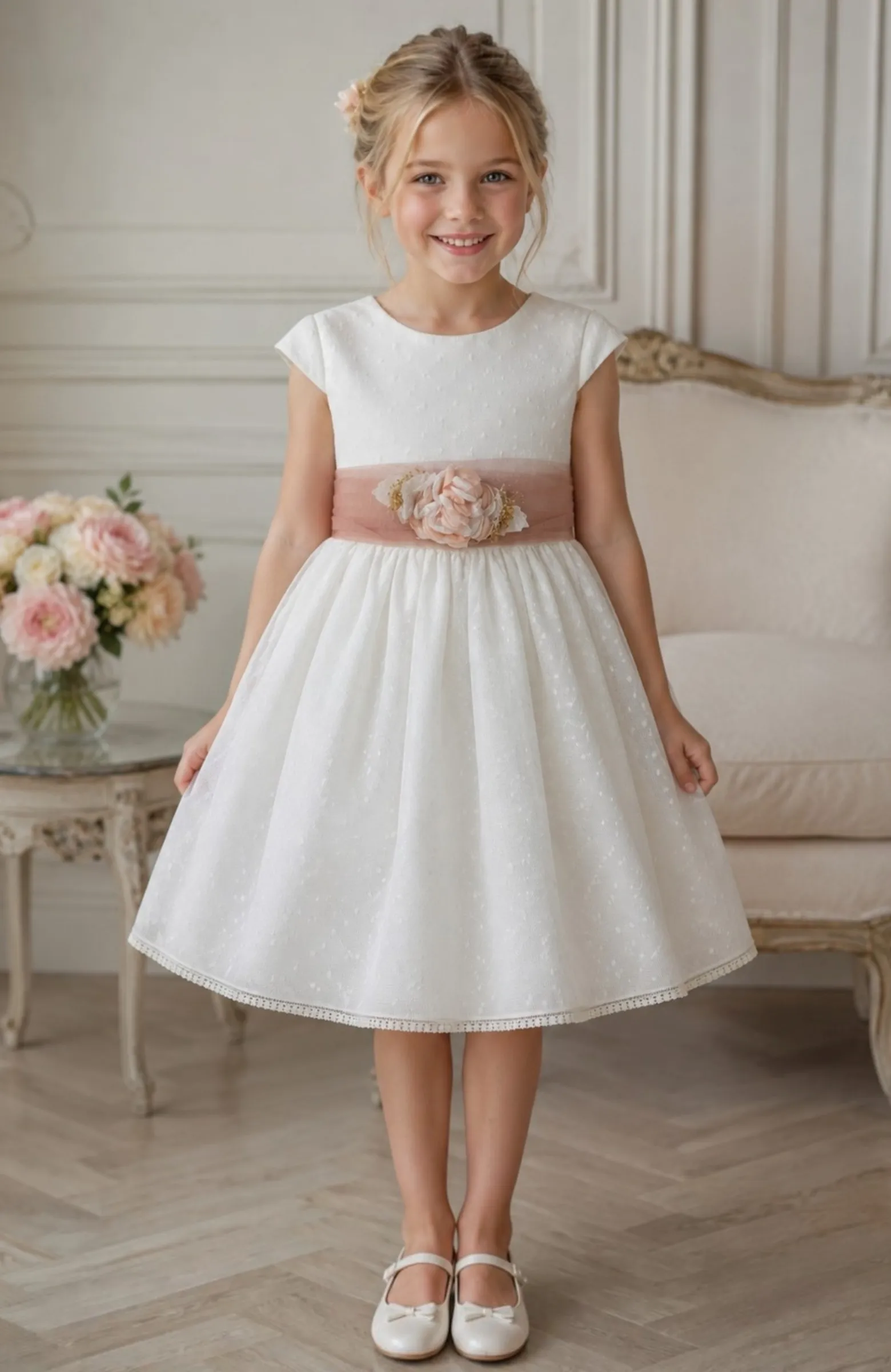 Vestido niña ceremonia crudo fajín rosa Elsa