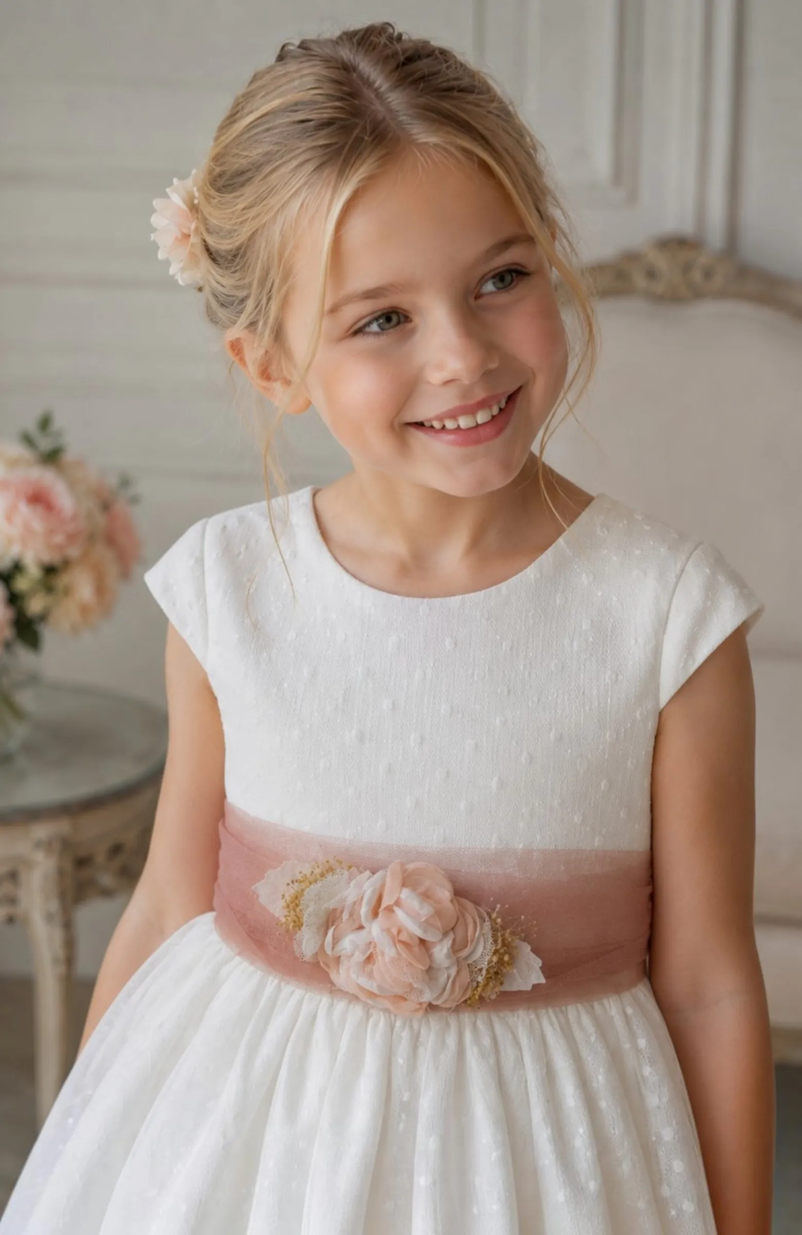 Vestido niña ceremonia crudo fajín rosa Elsa