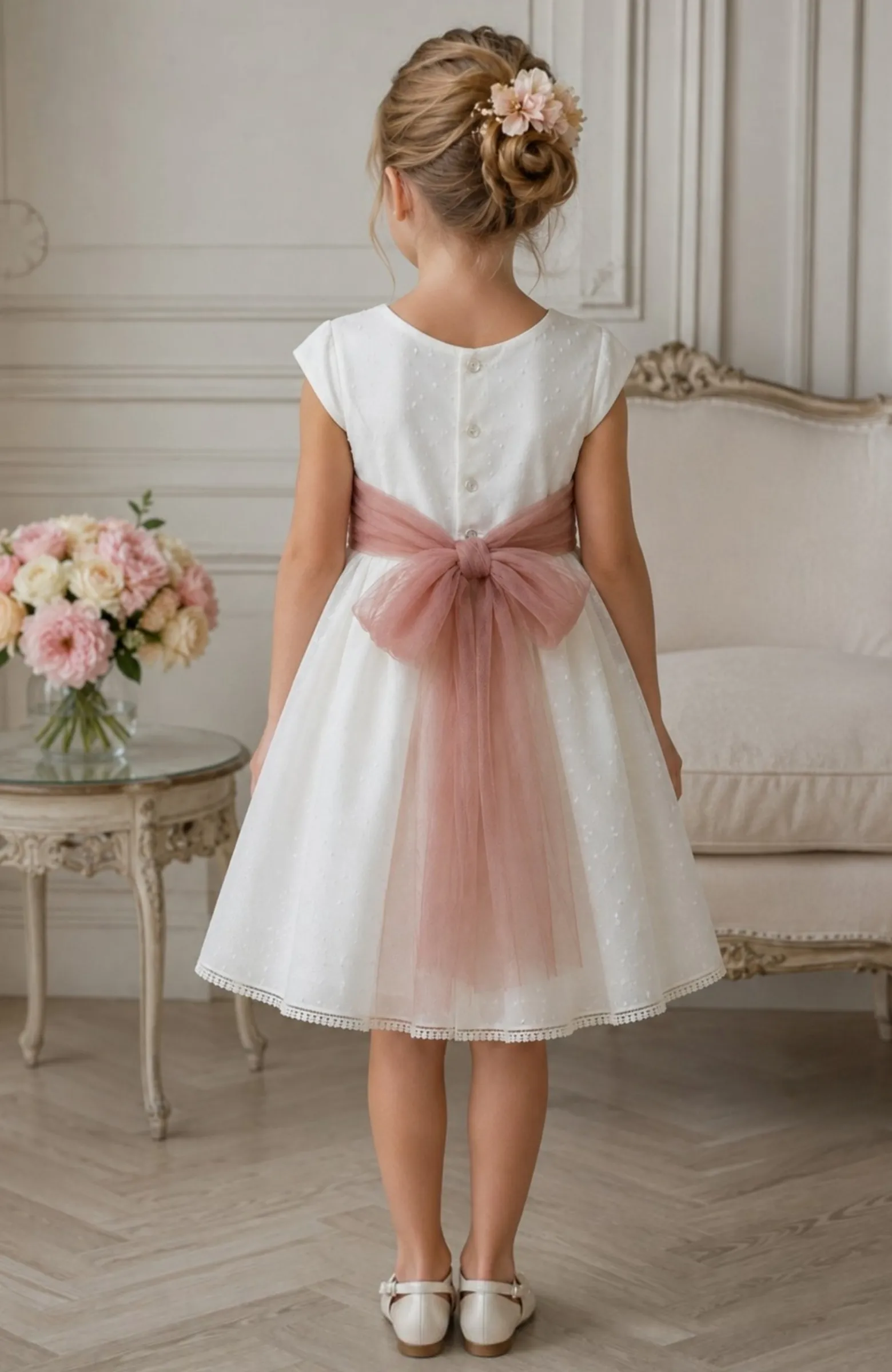 Vestido niña ceremonia crudo fajín rosa Elsa
