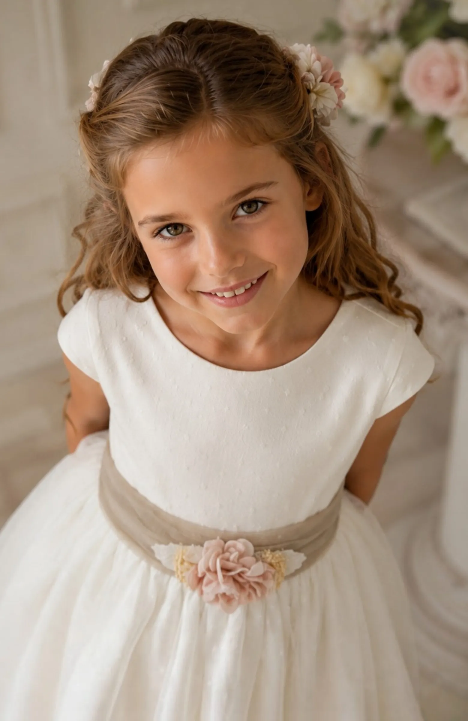 Vestido niña Ceremonia topos crudo fajin camel Elsa