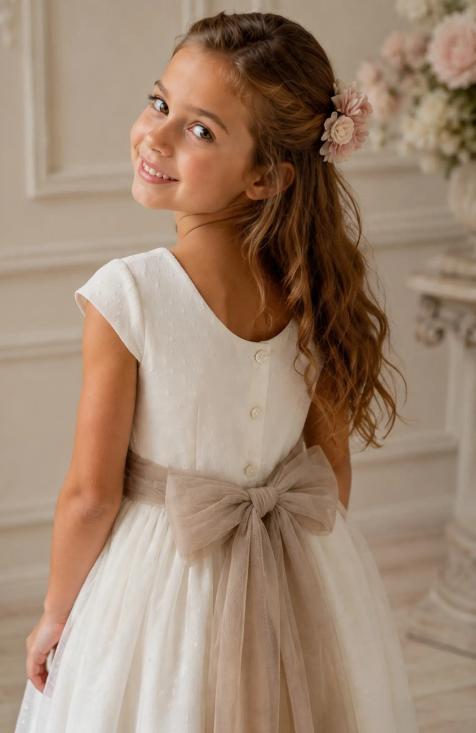 Vestido niña Ceremonia topos crudo fajin camel Elsa