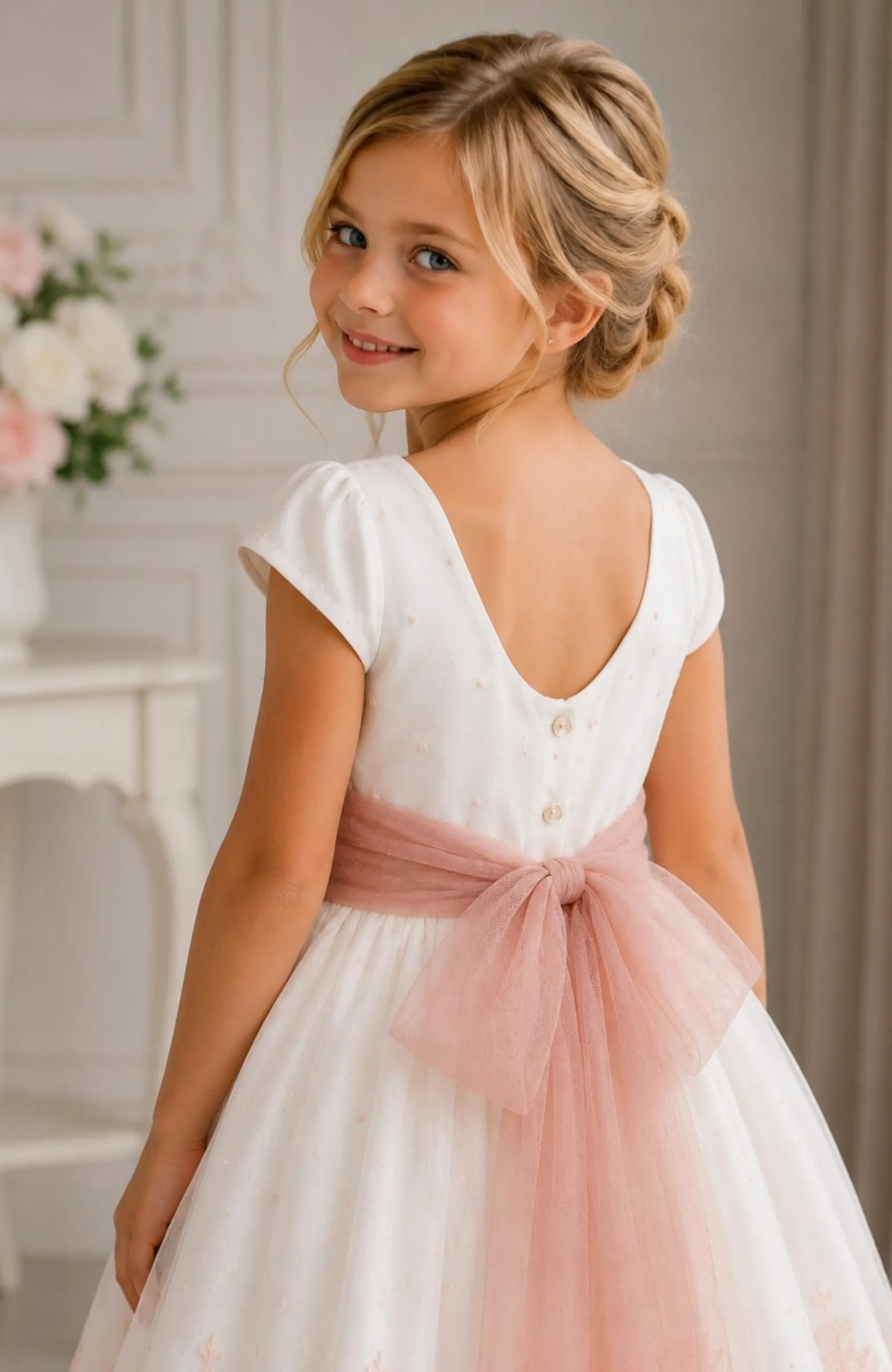 Vestido niña bordado rosa ceremonia Inés 