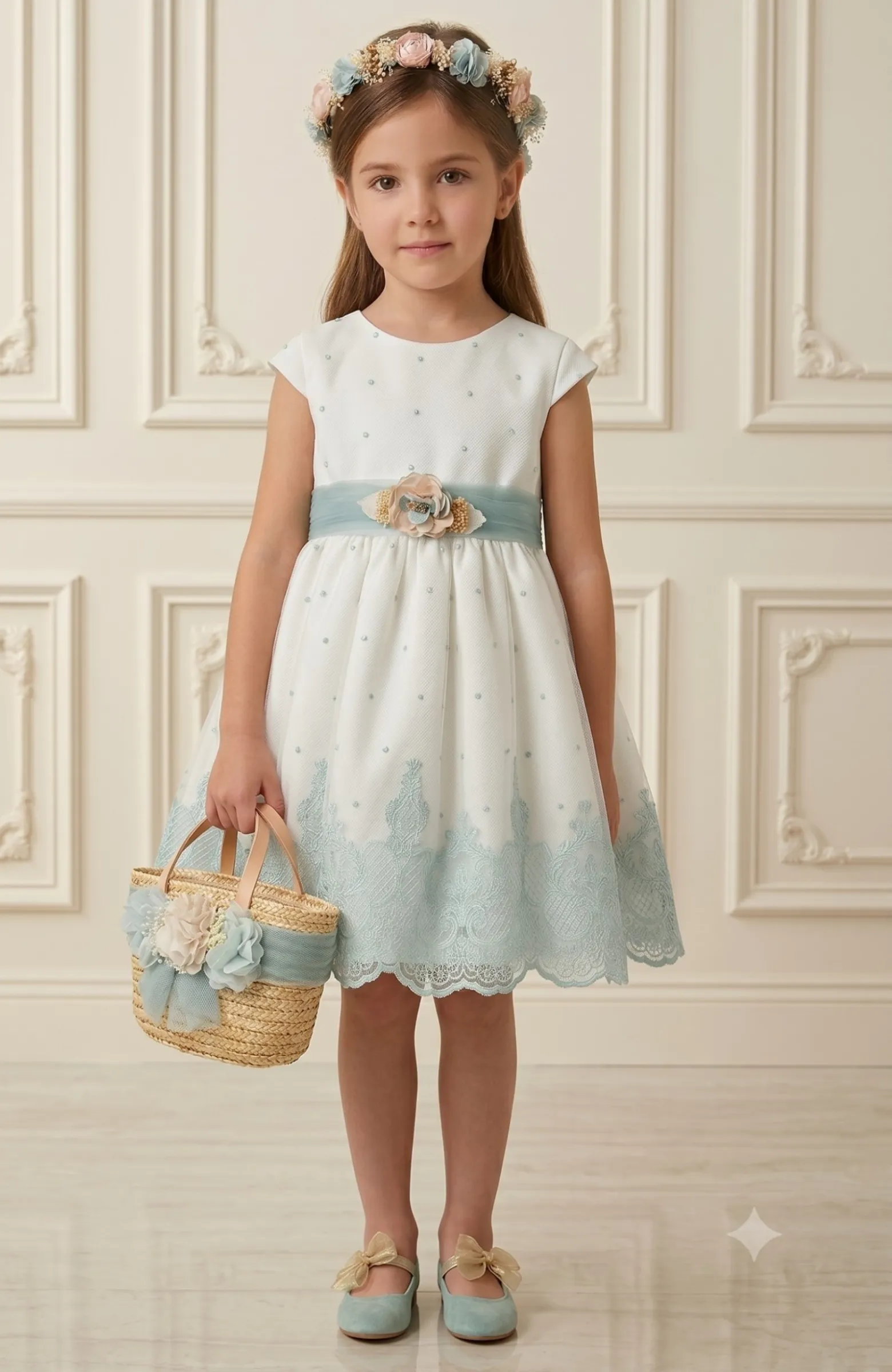 Vestido niña ceremonia bordado fajín verde Inés