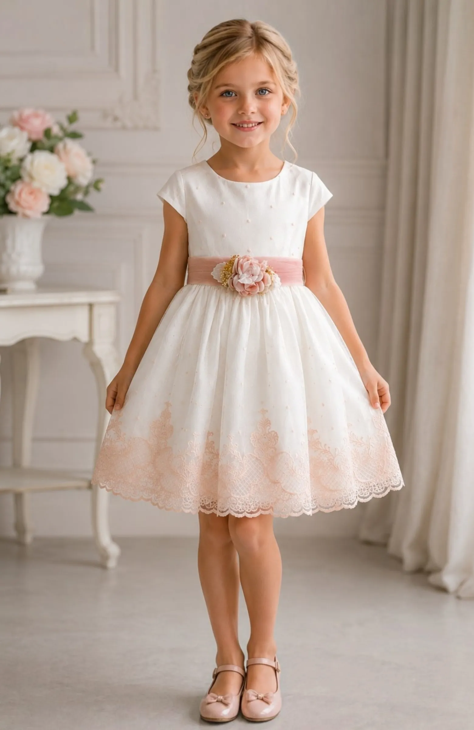 Vestido niña bordado rosa ceremonia Inés 