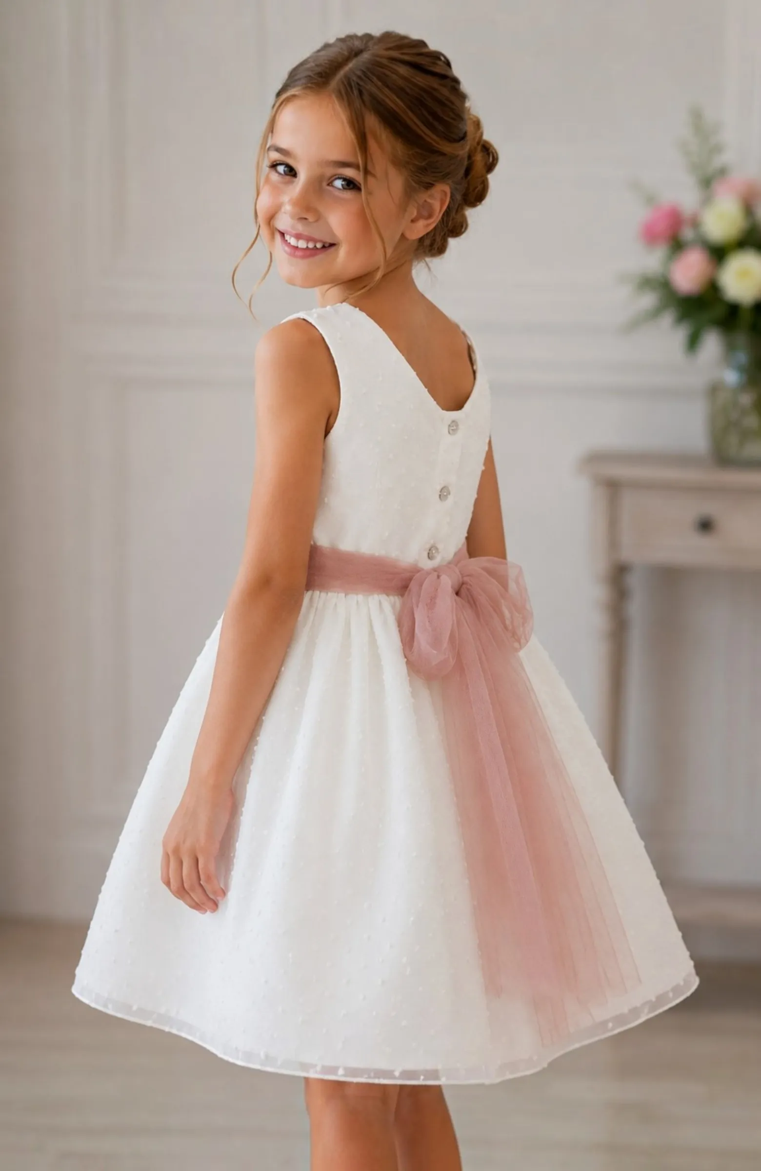 Vestido niña plumeti sin mangas con fajín rosa Iria