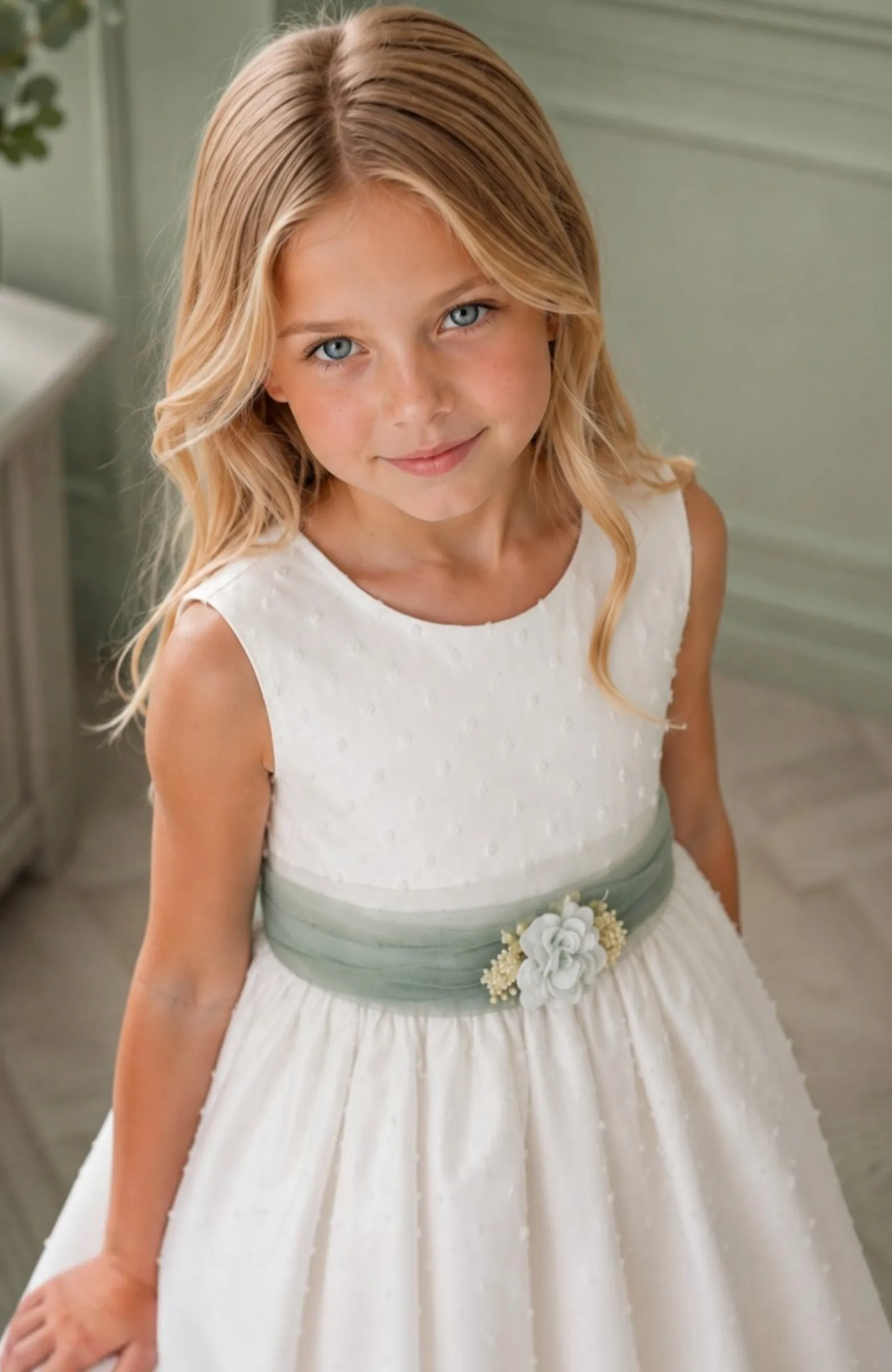 Vestido niña Arras plumeti fajín verde Iria