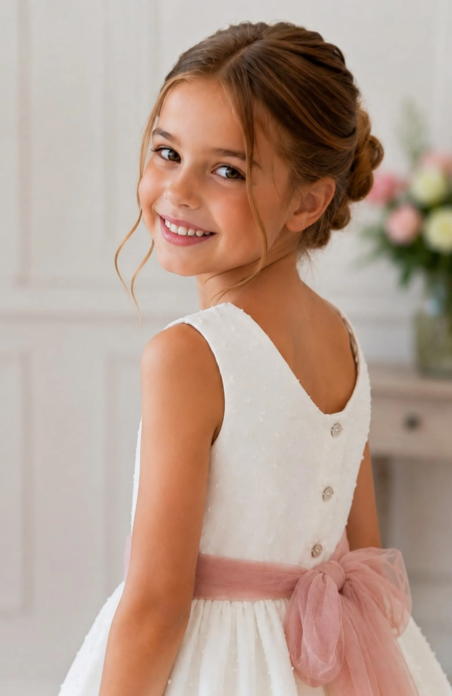 Vestido niña plumeti sin mangas con fajín rosa Iria