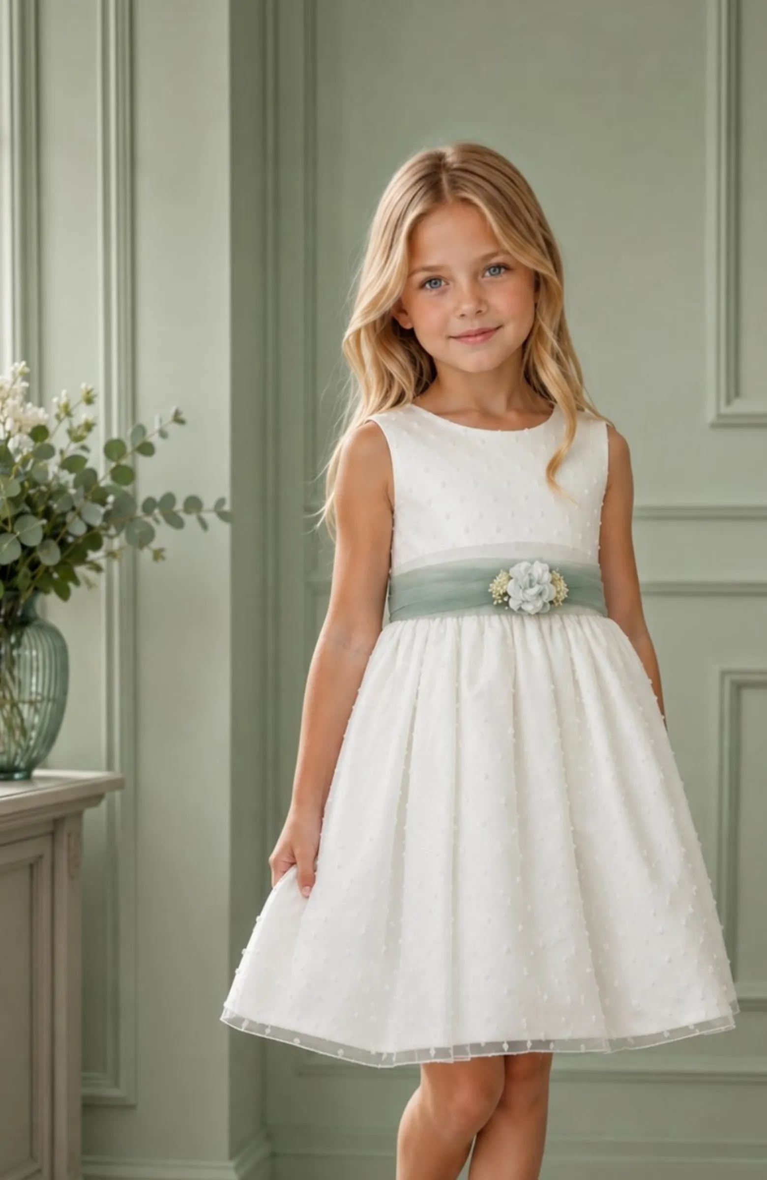 Vestido niña Arras plumeti fajín verde Iria
