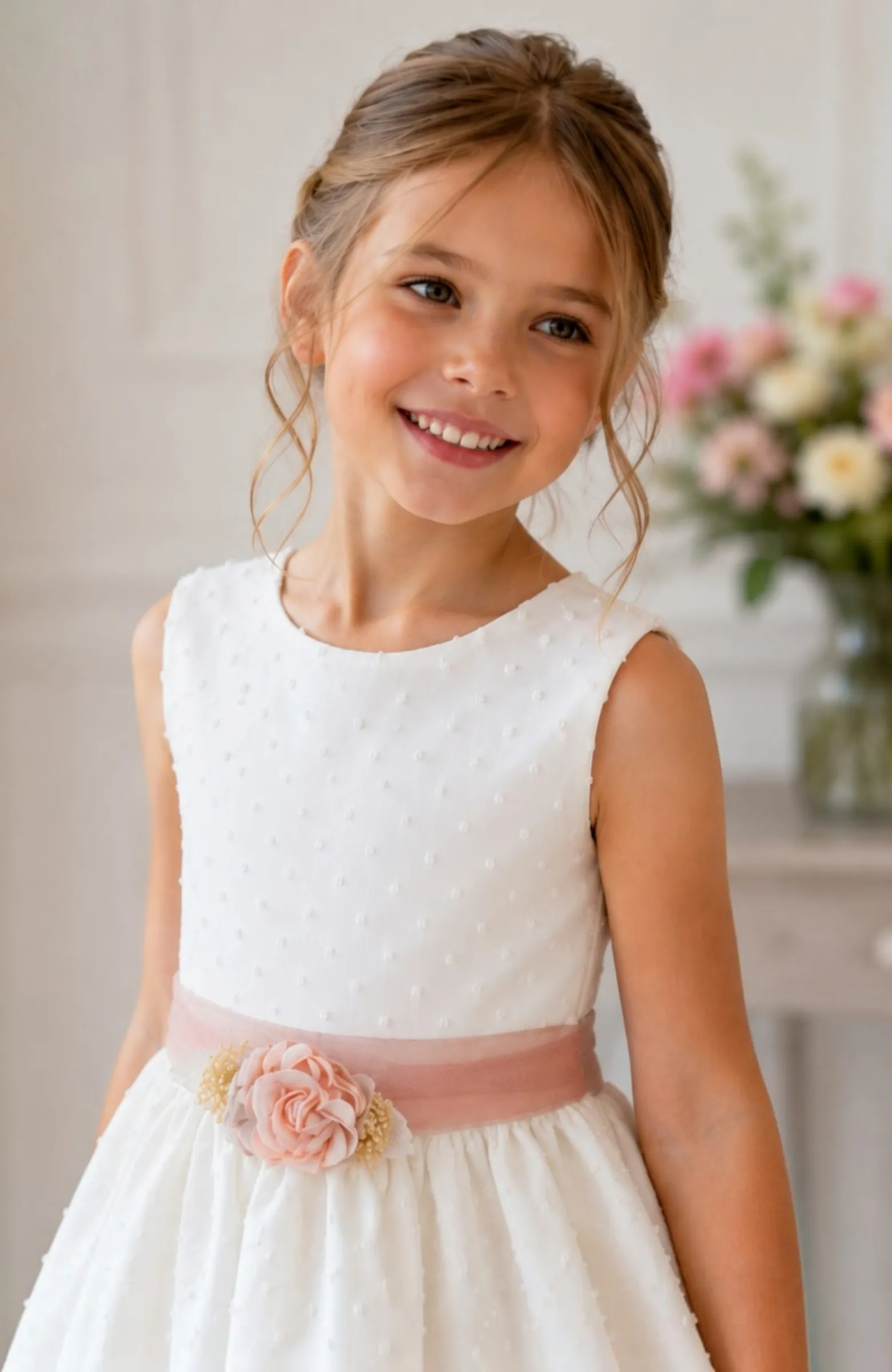 Vestido niña plumeti sin mangas con fajín rosa Iria