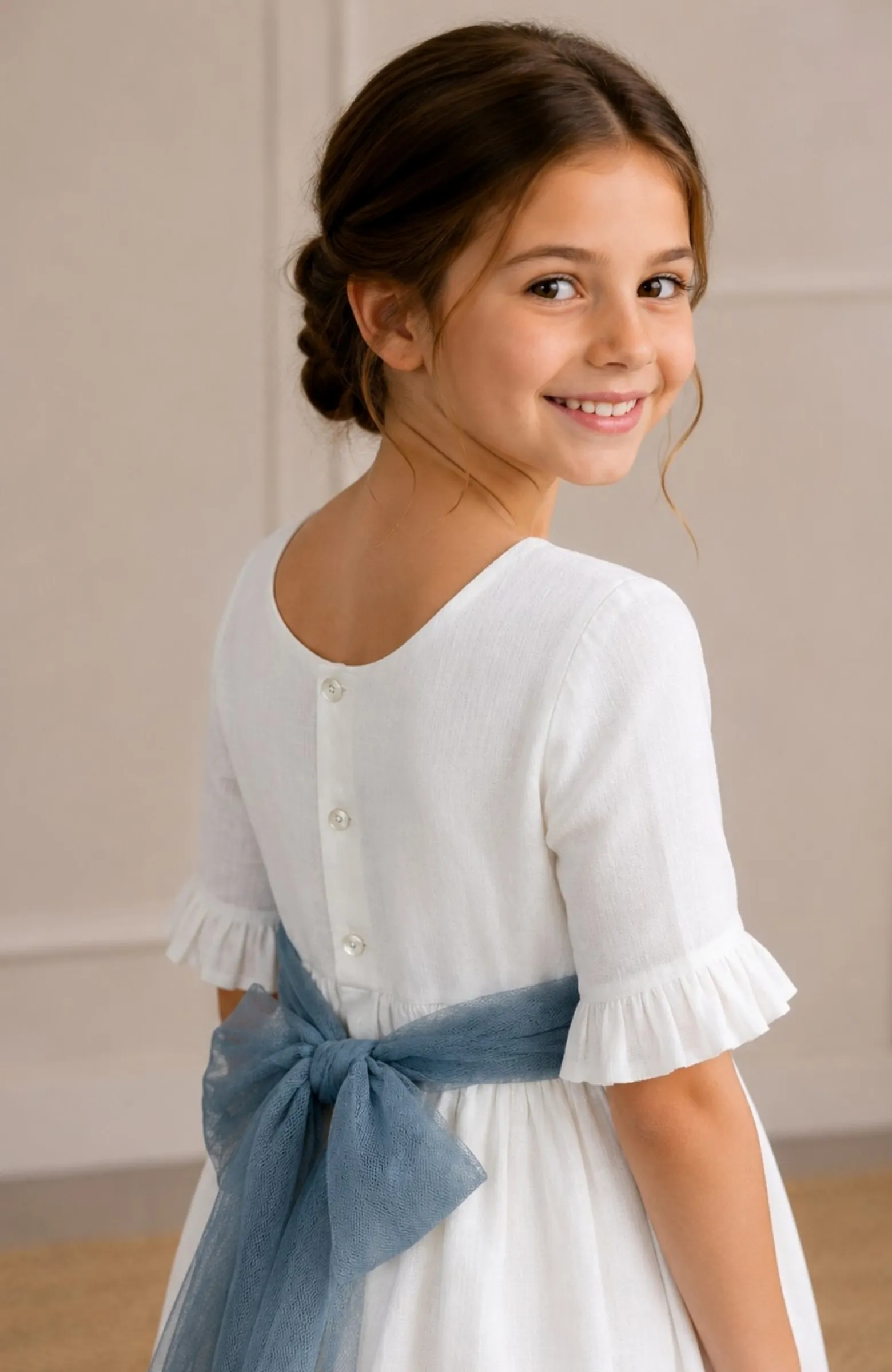 Vestido niña ceremonia lino fajín azul Lua