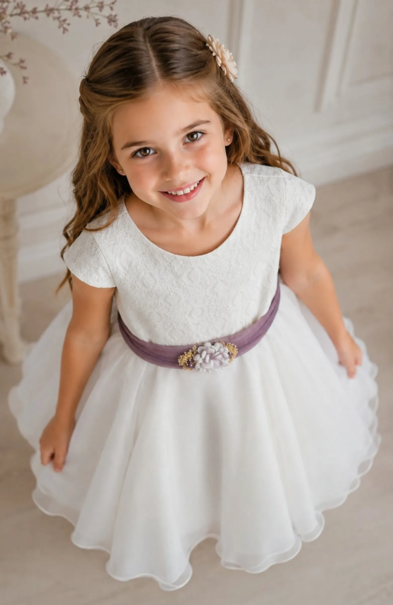 Vestido niña ceremonia fajín morado Yepes