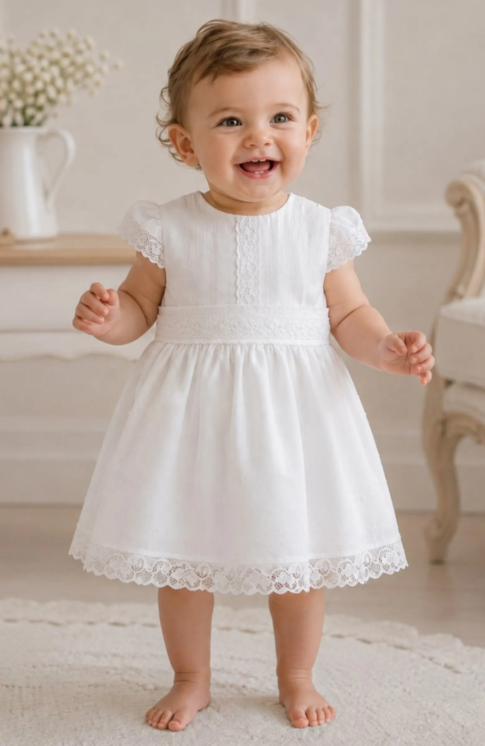 Vestido niña Bautizo batista inglesa blanco roto Halo