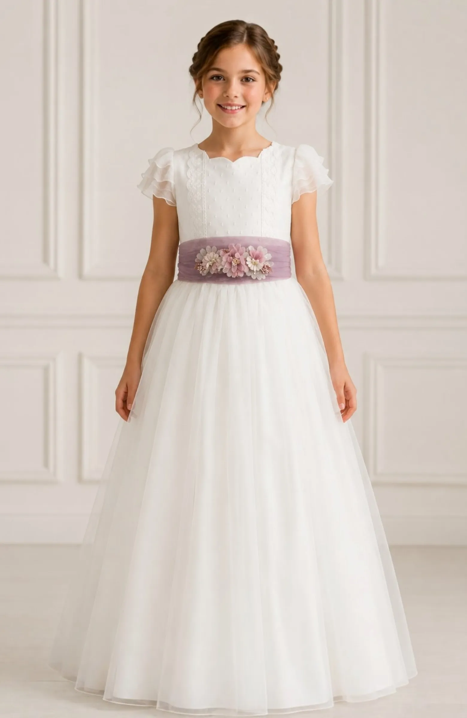 Vestido de Comunión con fajín morado Cala