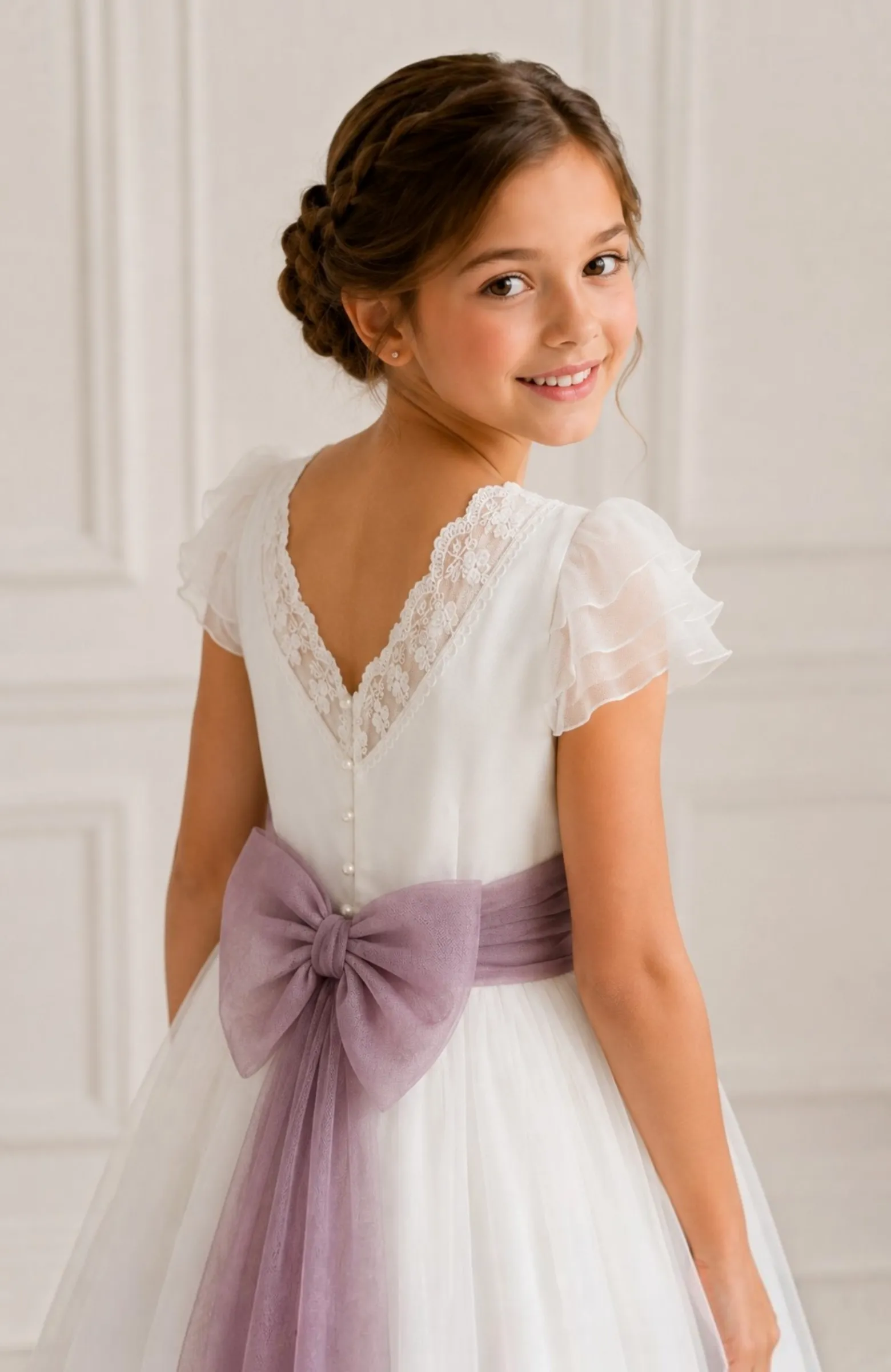 Vestido de Comunión con fajín morado Cala