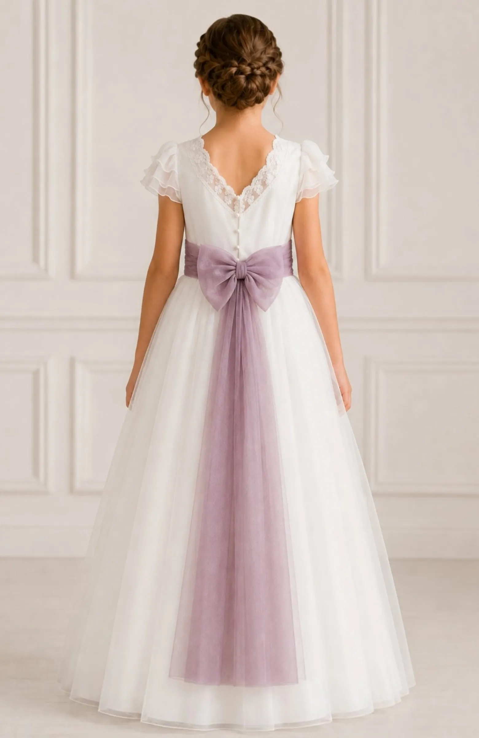 Vestido de Comunión con fajín morado Cala