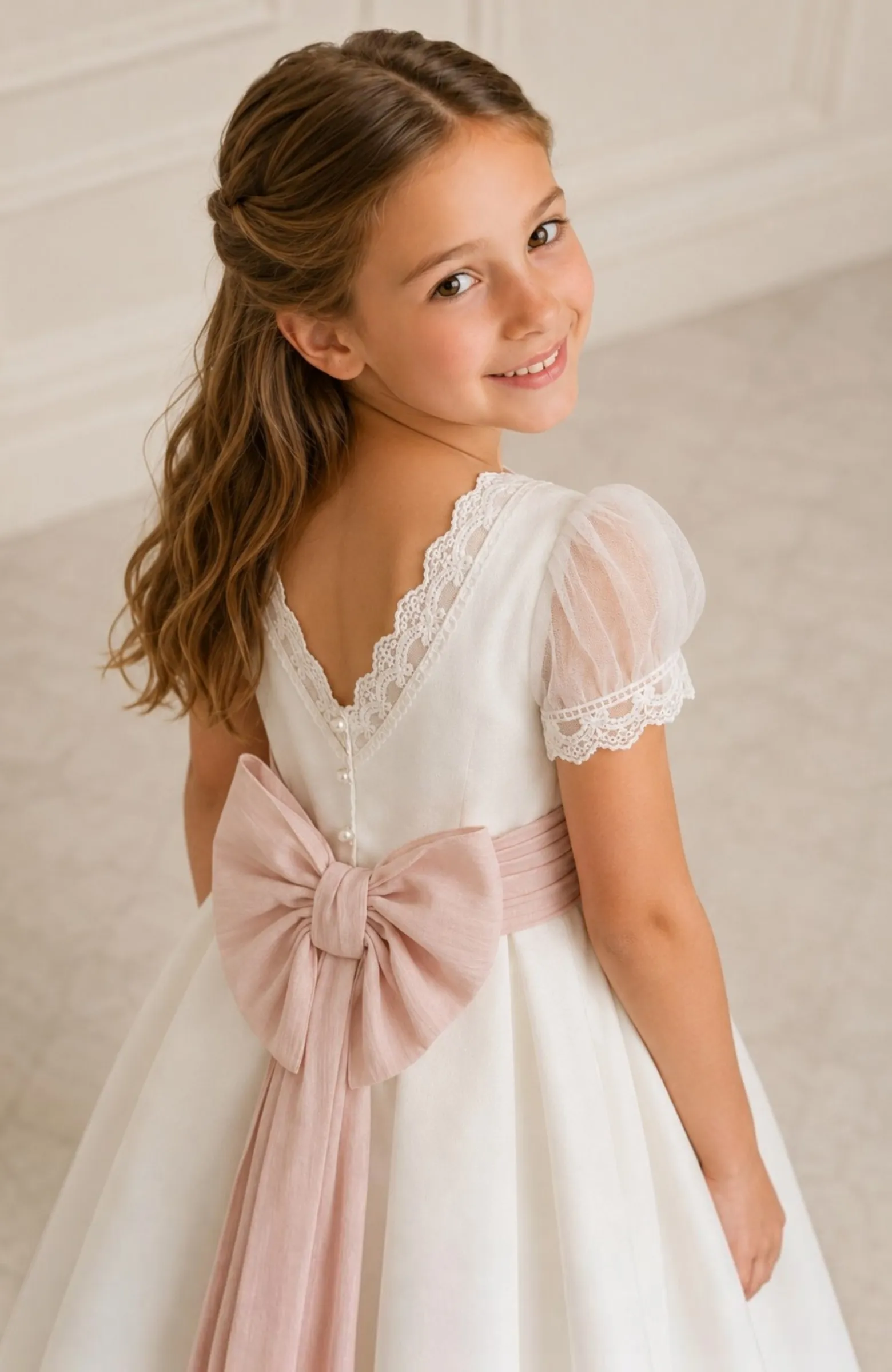 Vestido de Comunión con fajín rosa Nacar