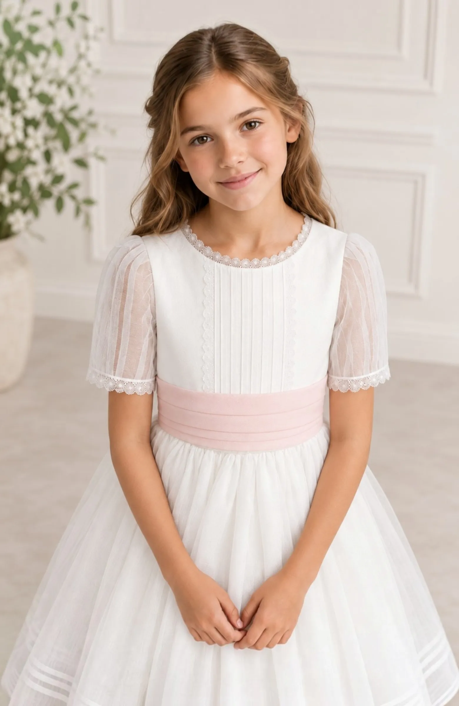 Vestido Comunión jaretas fajin rosa Borax