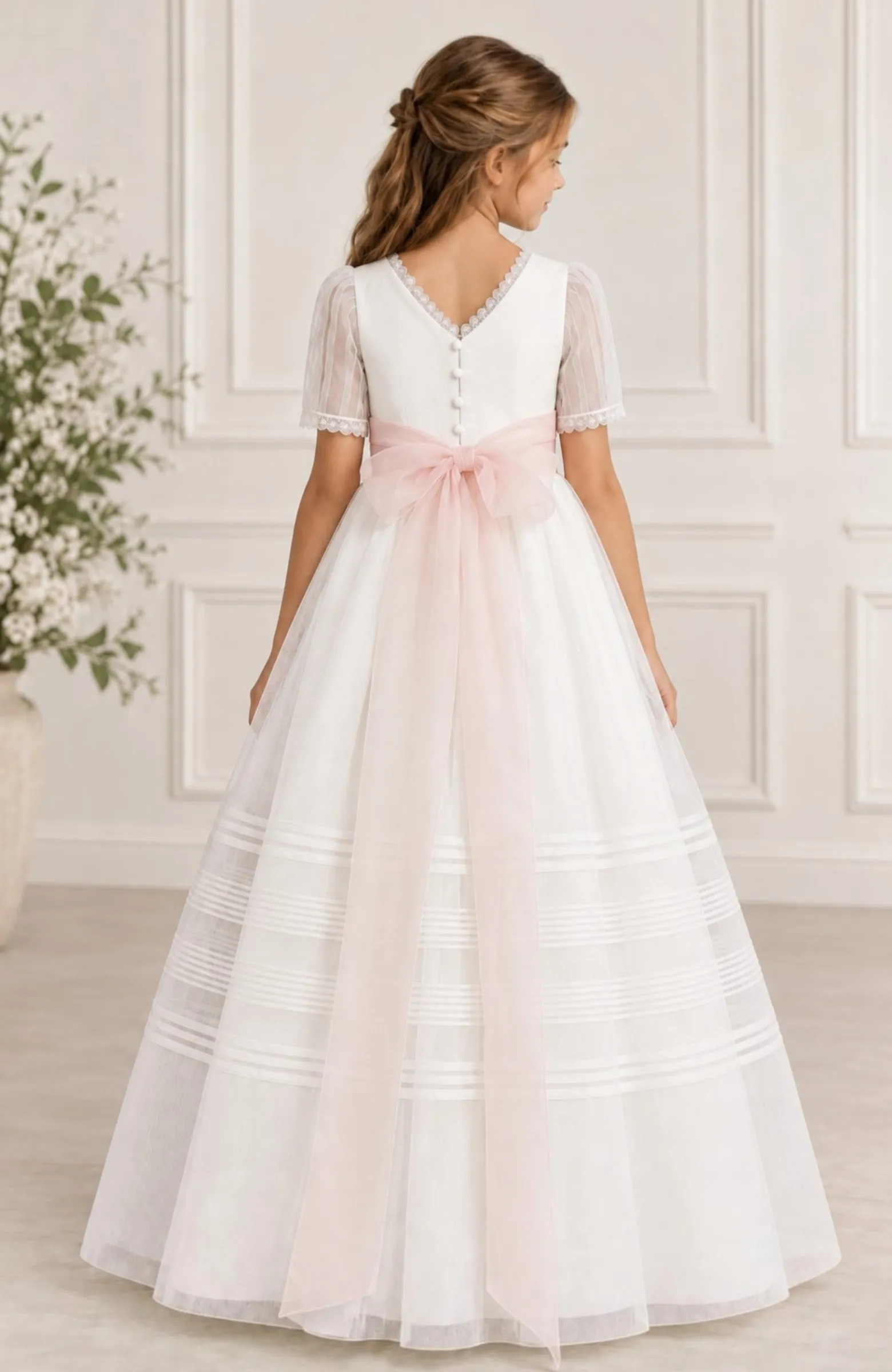 Vestido Comunión jaretas fajin rosa Borax